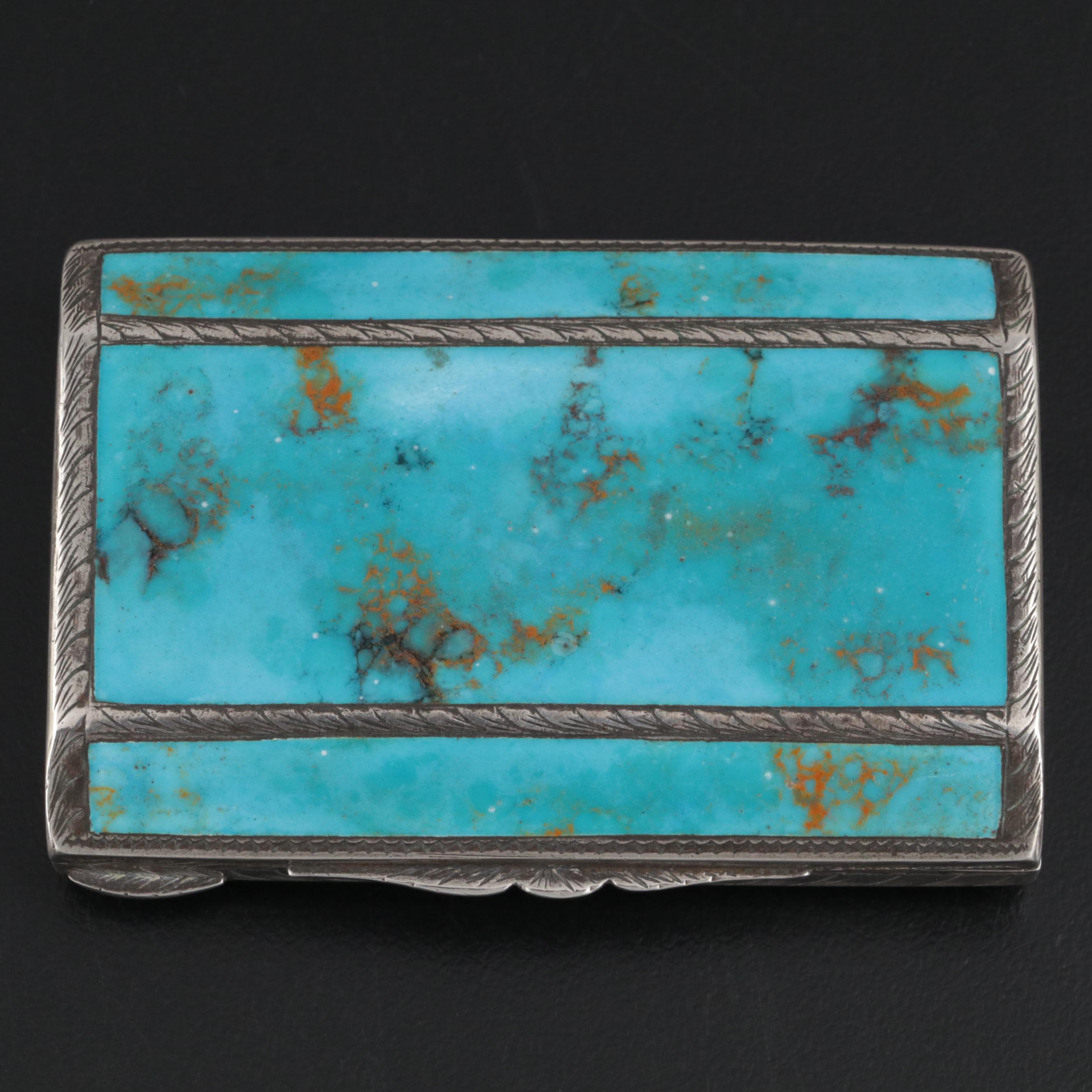 Chased 800 Silver and Turquoise Hinged Snuff Box