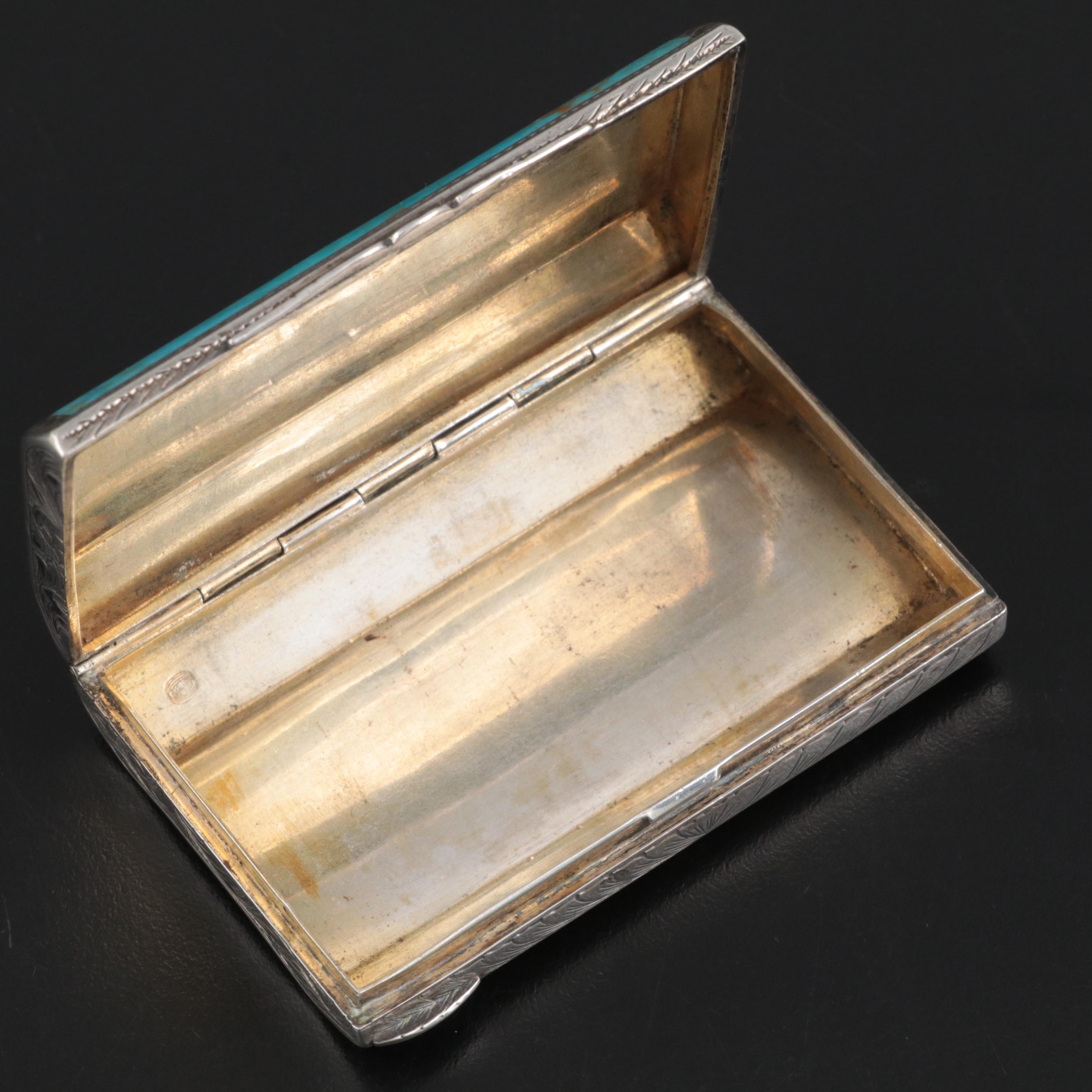Chased 800 Silver and Turquoise Hinged Snuff Box