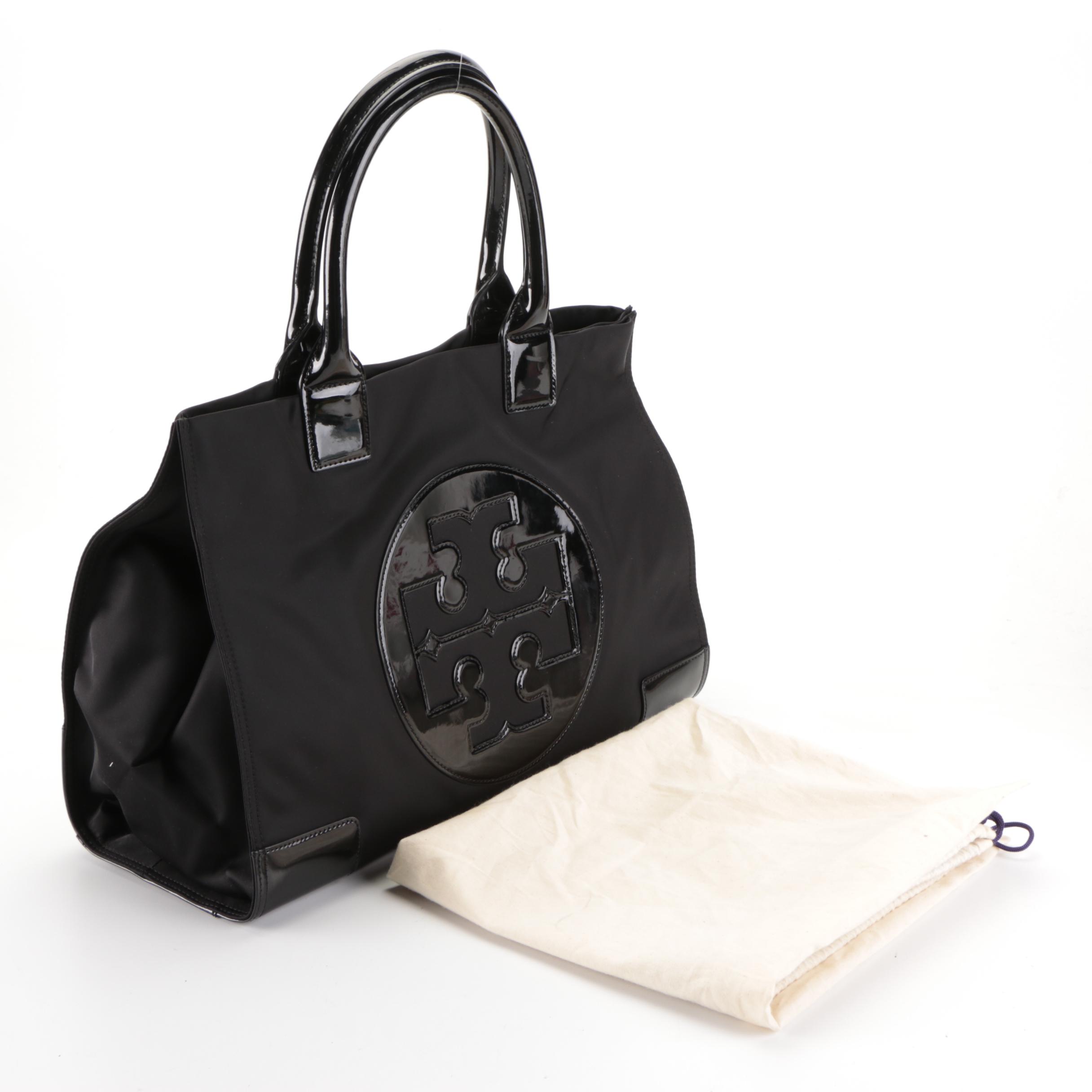 Tory Burch Ella Tote Bag in Black Nylon with Patent Leather Trim