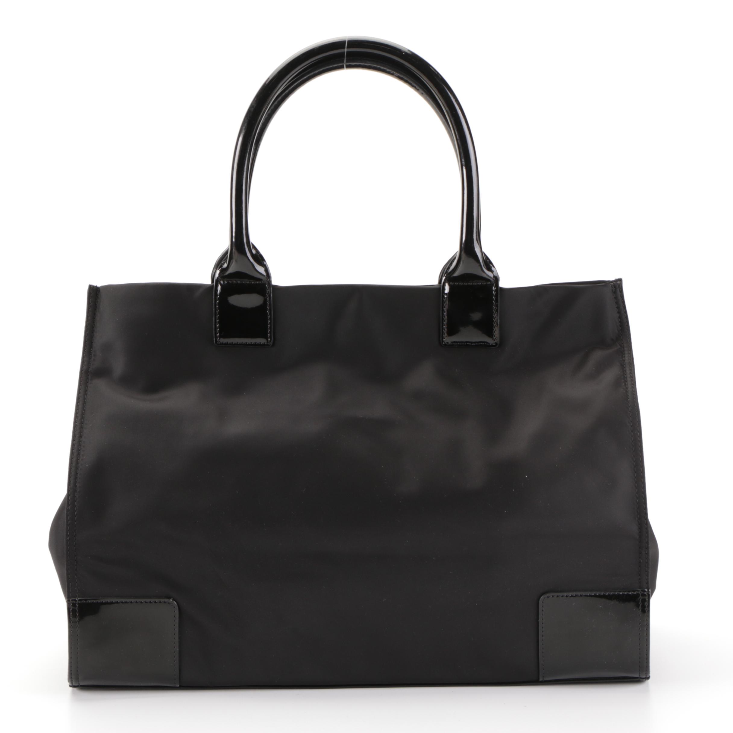 Tory Burch Ella Tote Bag in Black Nylon with Patent Leather Trim