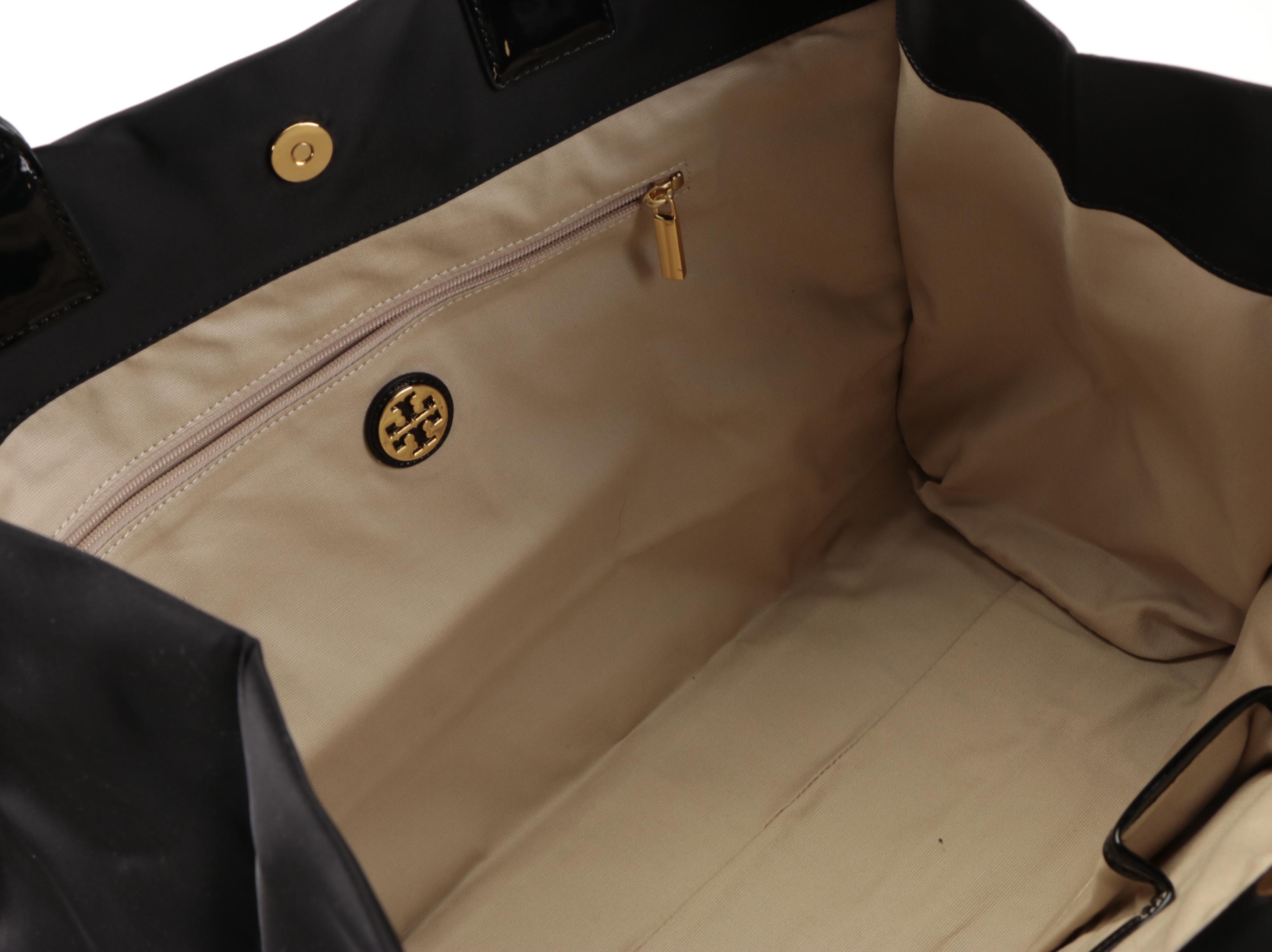 Tory Burch Ella Tote Bag in Black Nylon with Patent Leather Trim