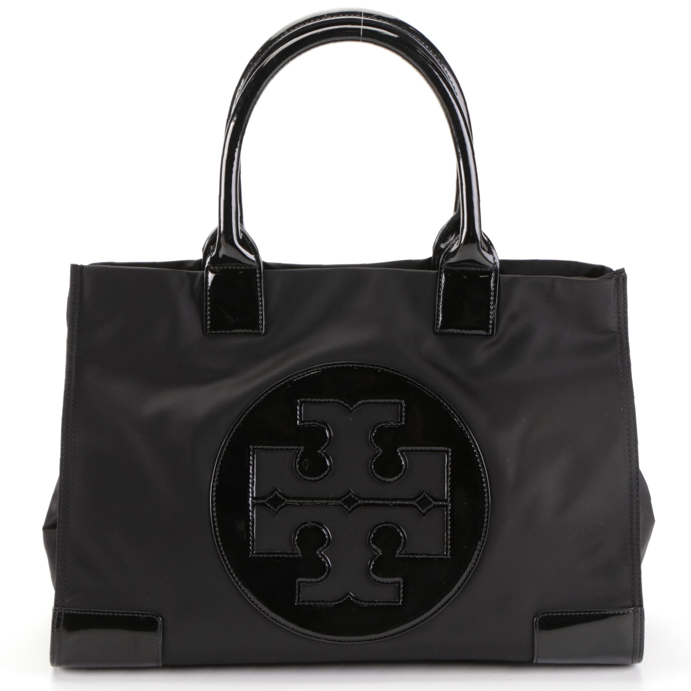 Tory Burch Ella Tote Bag in Black Nylon with Patent Leather Trim