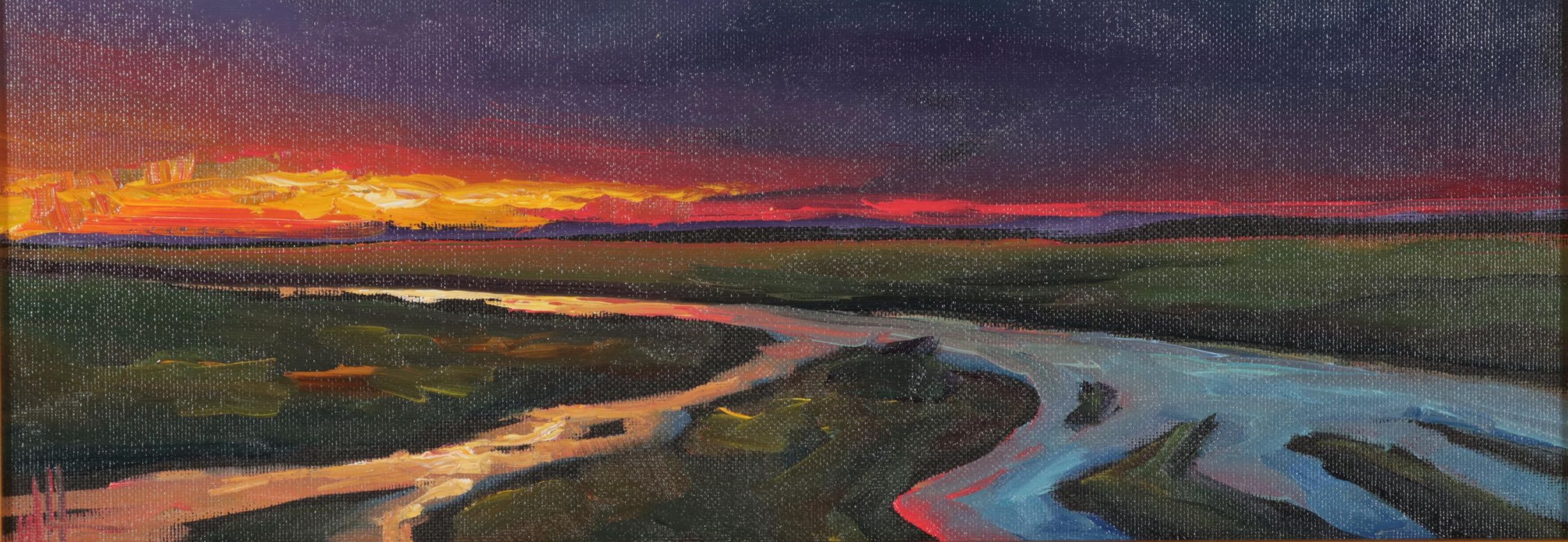 William Hawkins Landscape Oil Painting of River Delta at Twilight, 2021