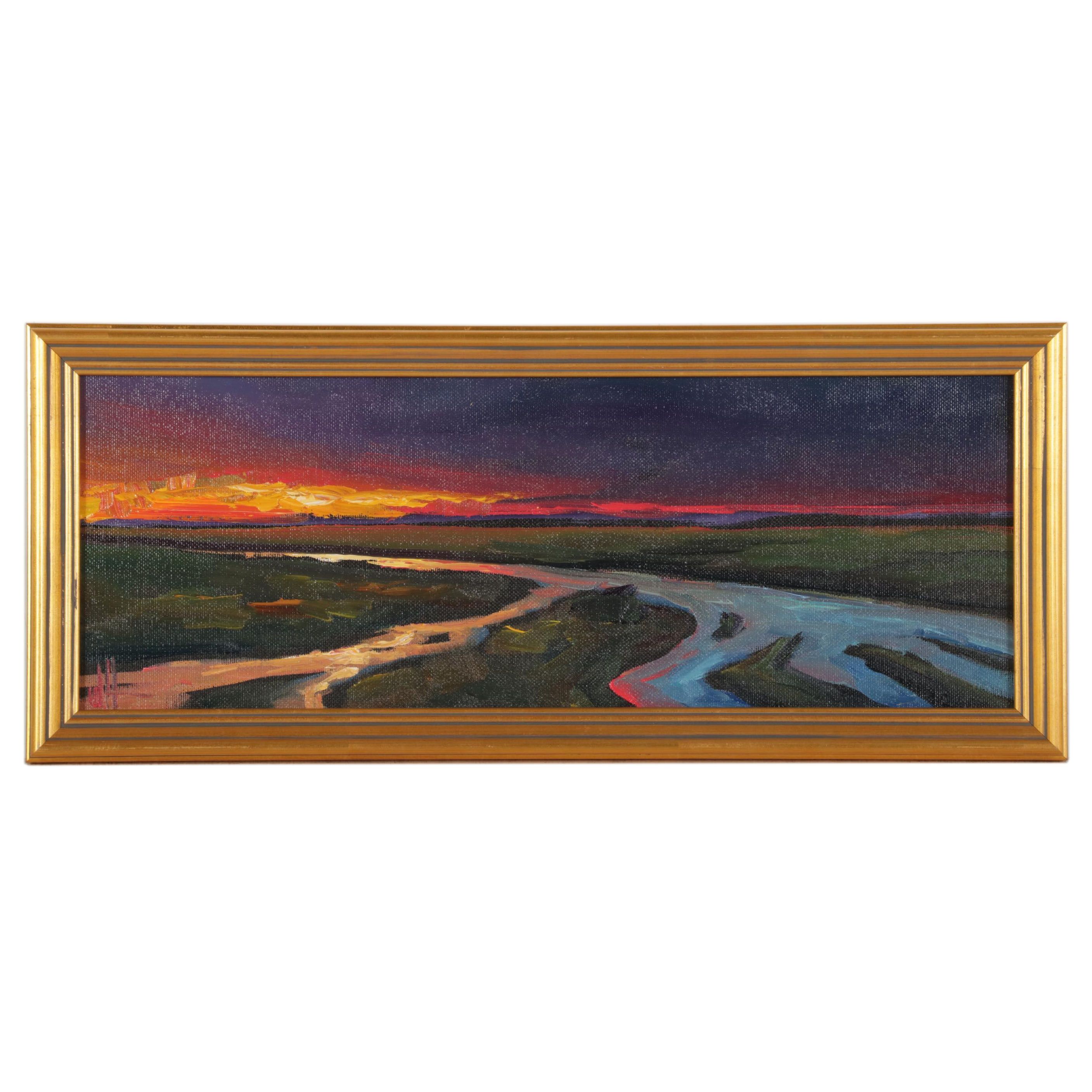 William Hawkins Landscape Oil Painting of River Delta at Twilight, 2021