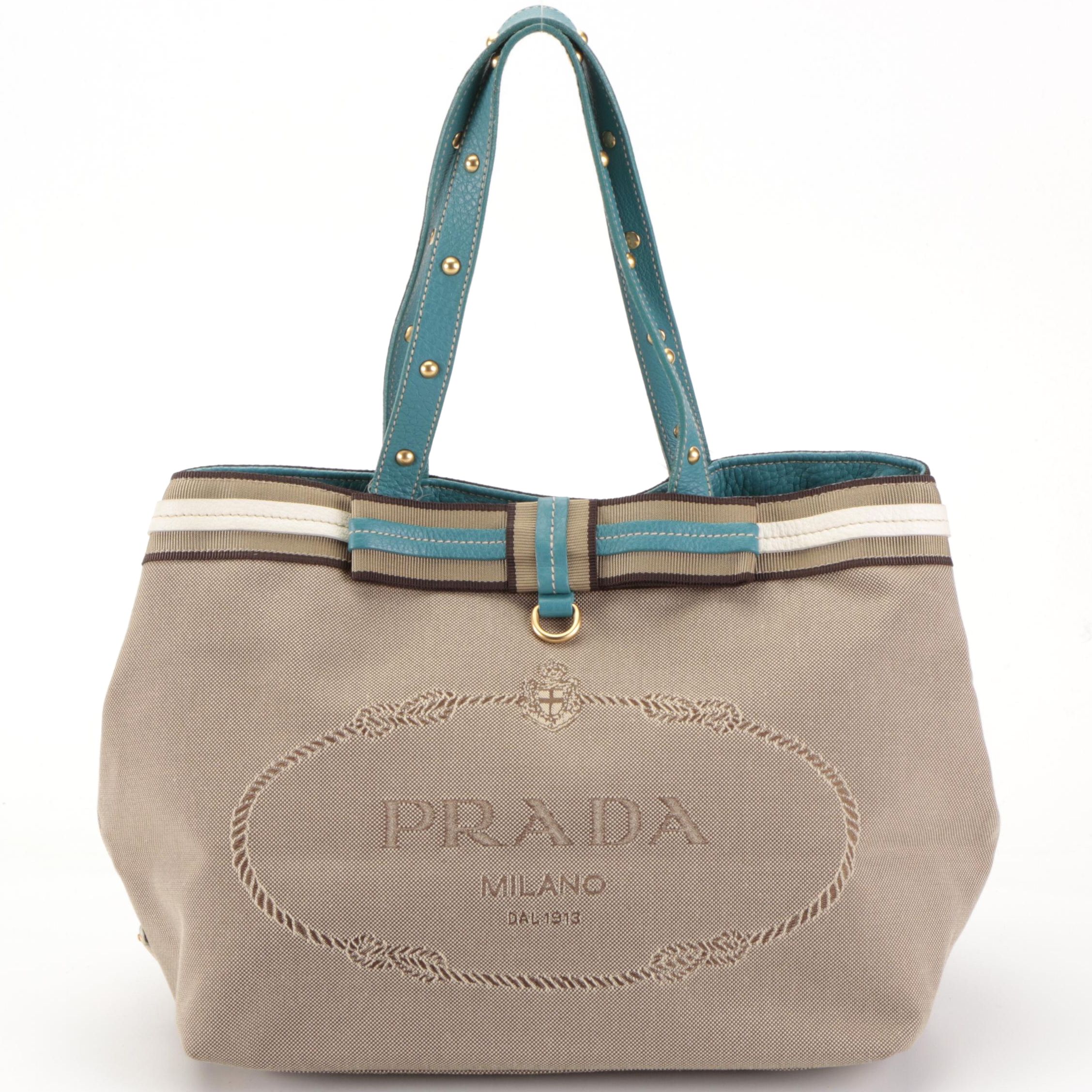 Prada Medium Open Logo Tote Bag in Canapa Canvas and Bicolor Leather