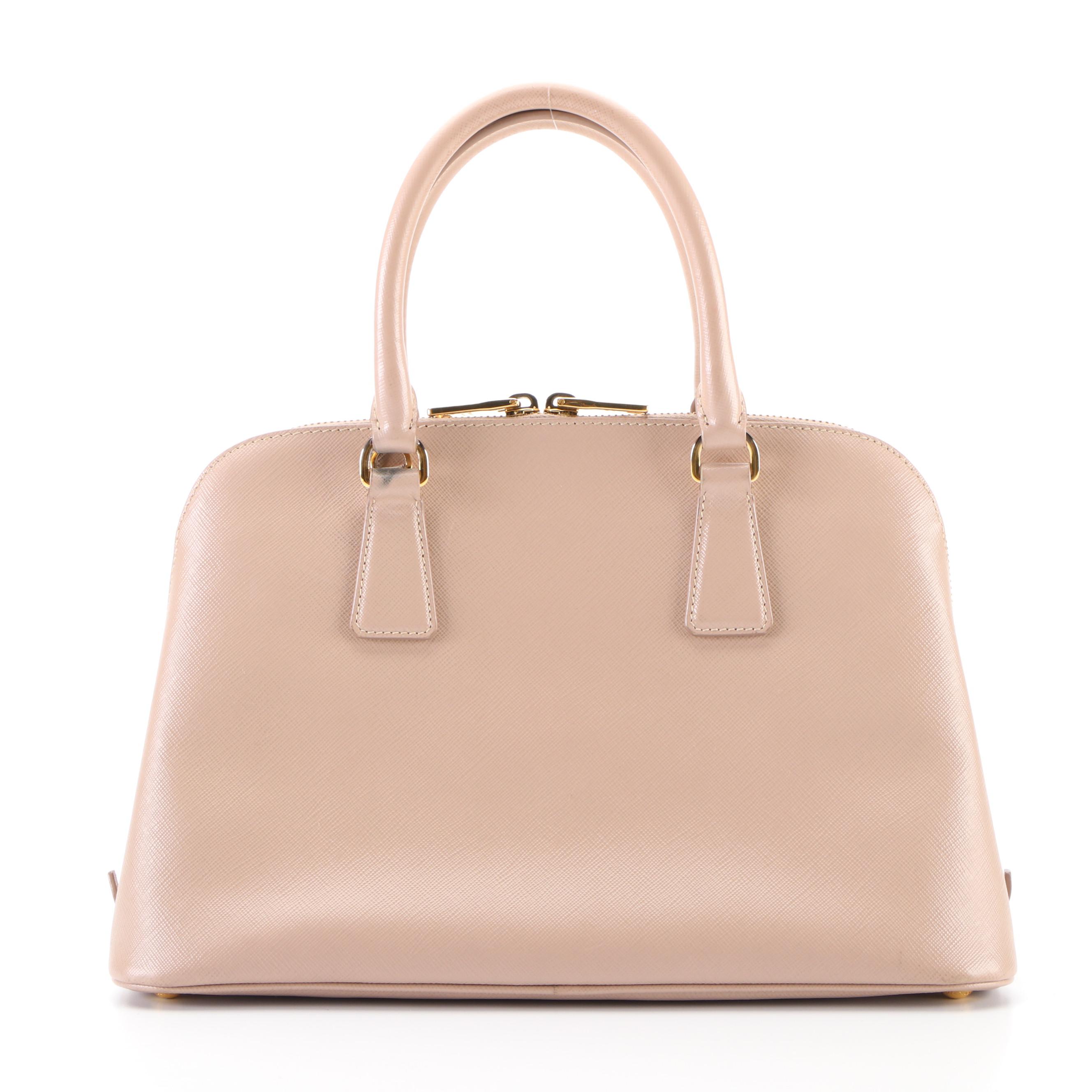 Prada Medium Promenade Domed Convertible Handbag in Pale Pink Saffiano Leather