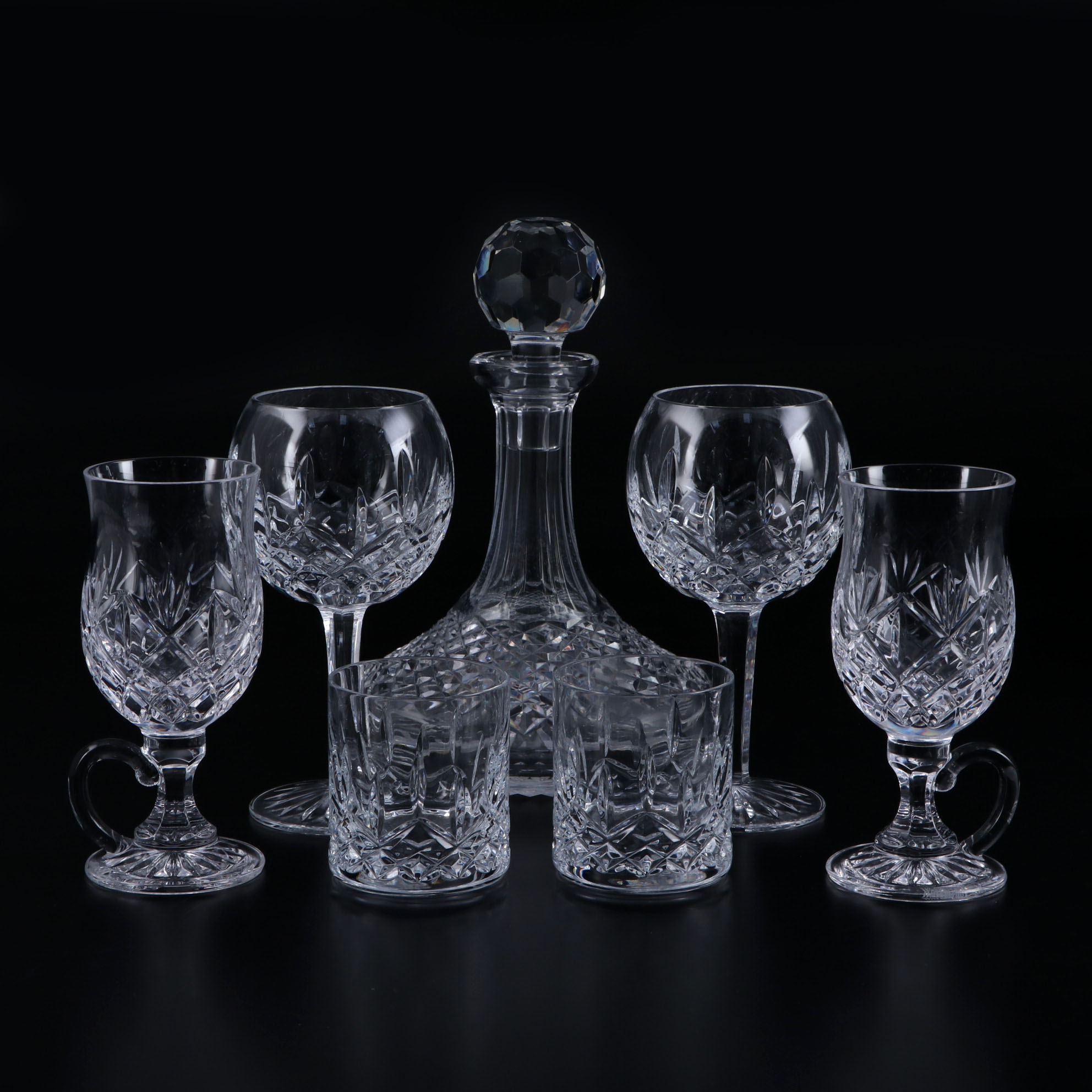 Waterford Crystal "Alana" Ships Decanter with "Huntley" and "Lismore" Glassware
