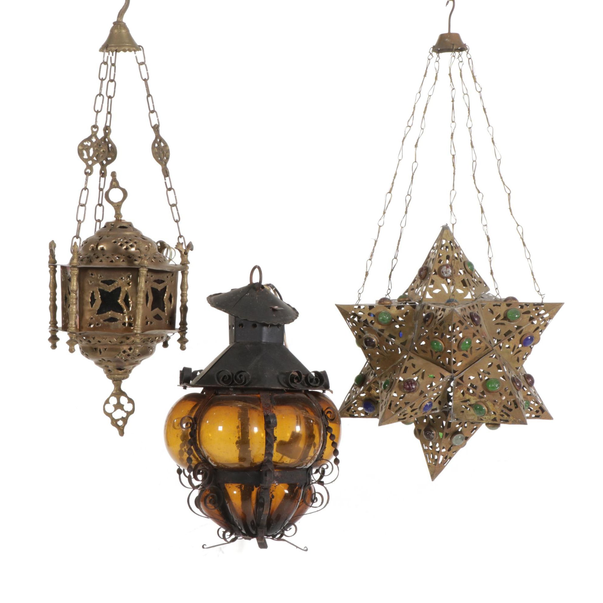 Moroccan Pierced Brass Lanterns, Mexican Blown Amber Caged Glass Pendant Lamp