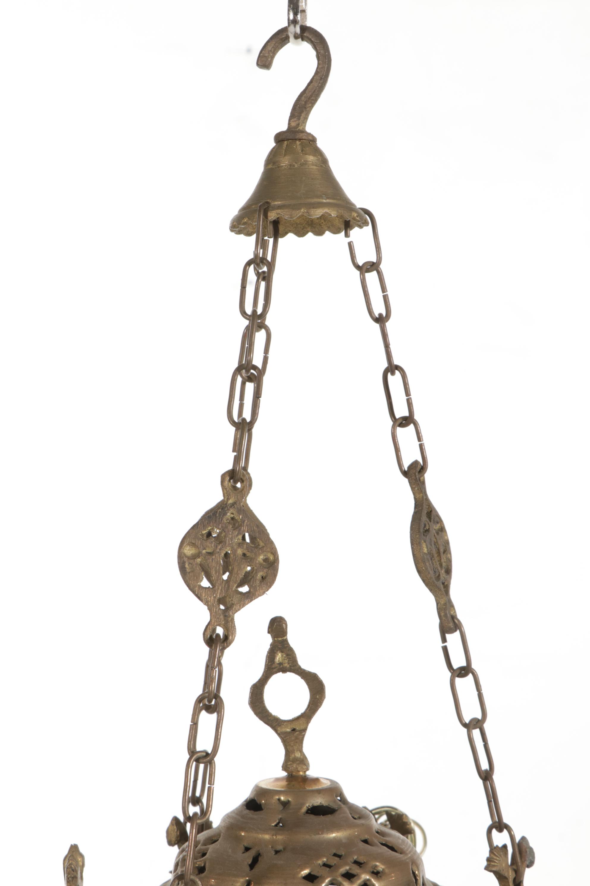 Moroccan Pierced Brass Lanterns, Mexican Blown Amber Caged Glass Pendant Lamp