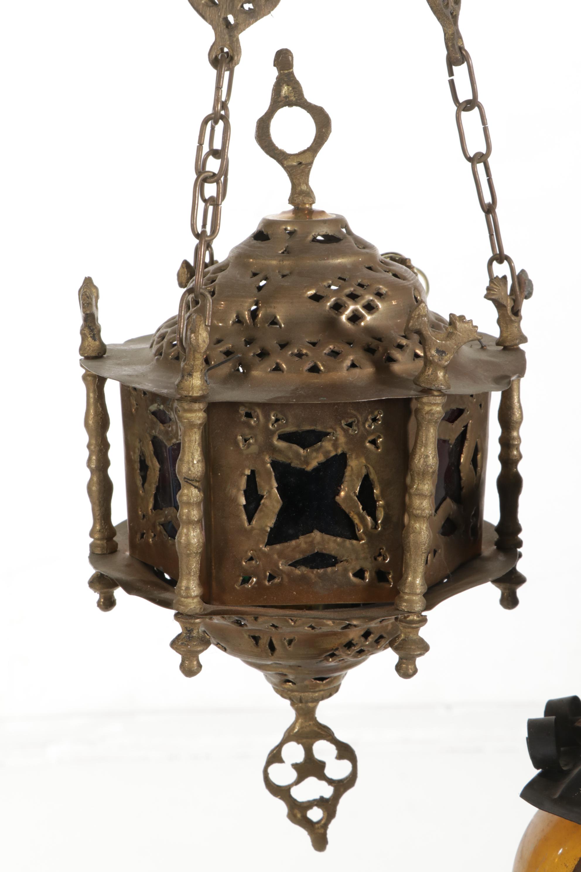 Moroccan Pierced Brass Lanterns, Mexican Blown Amber Caged Glass Pendant Lamp
