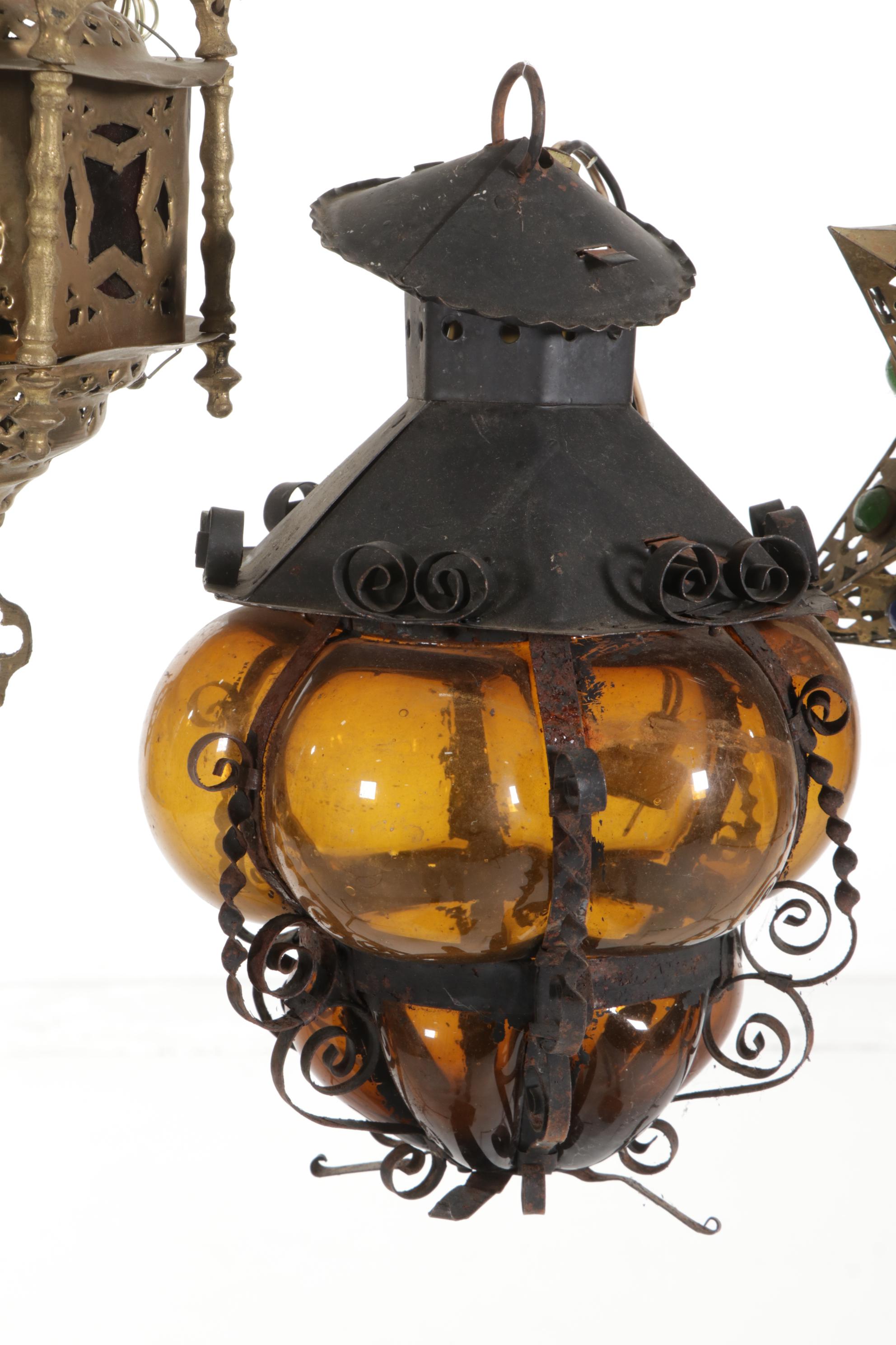 Moroccan Pierced Brass Lanterns, Mexican Blown Amber Caged Glass Pendant Lamp