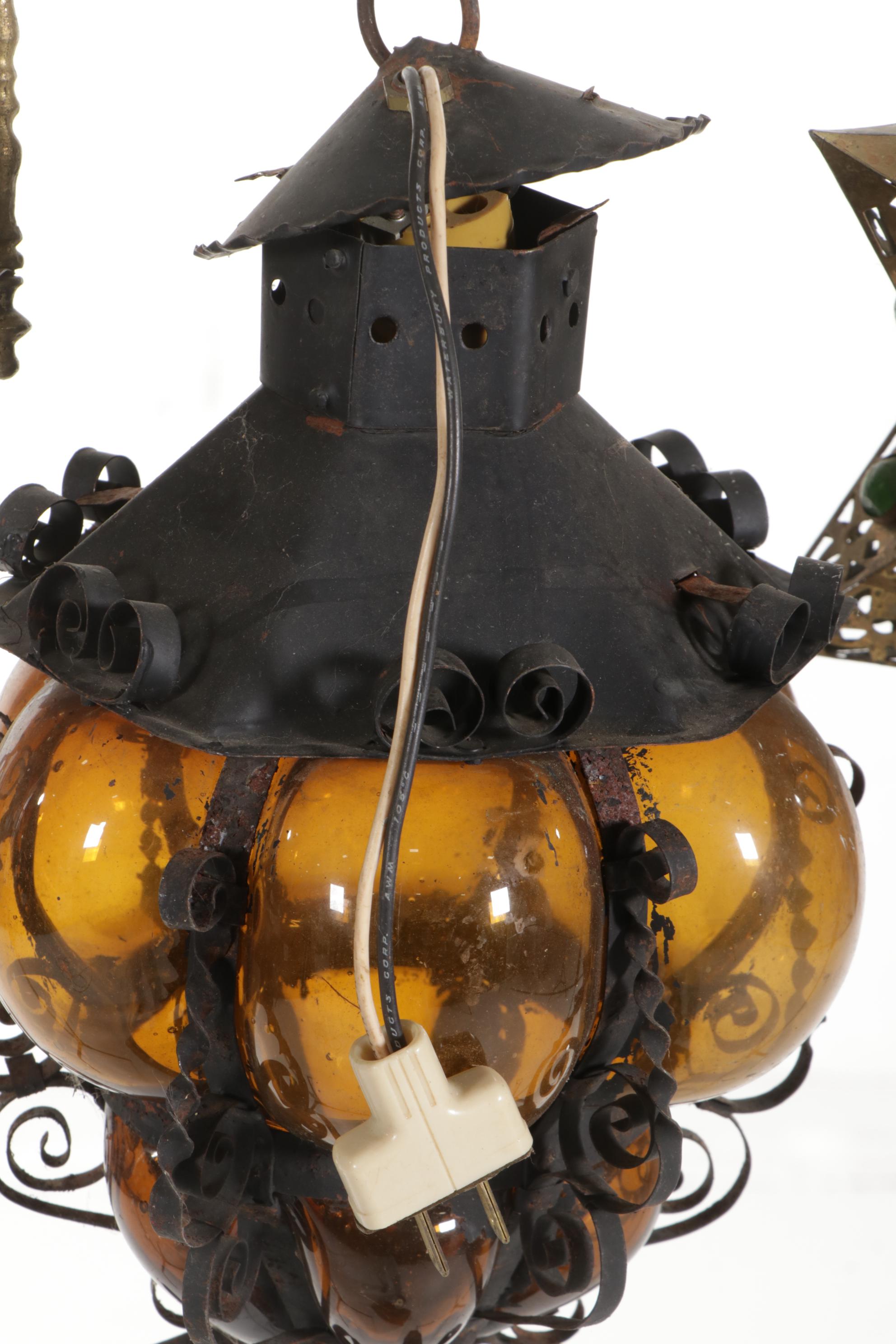 Moroccan Pierced Brass Lanterns, Mexican Blown Amber Caged Glass Pendant Lamp