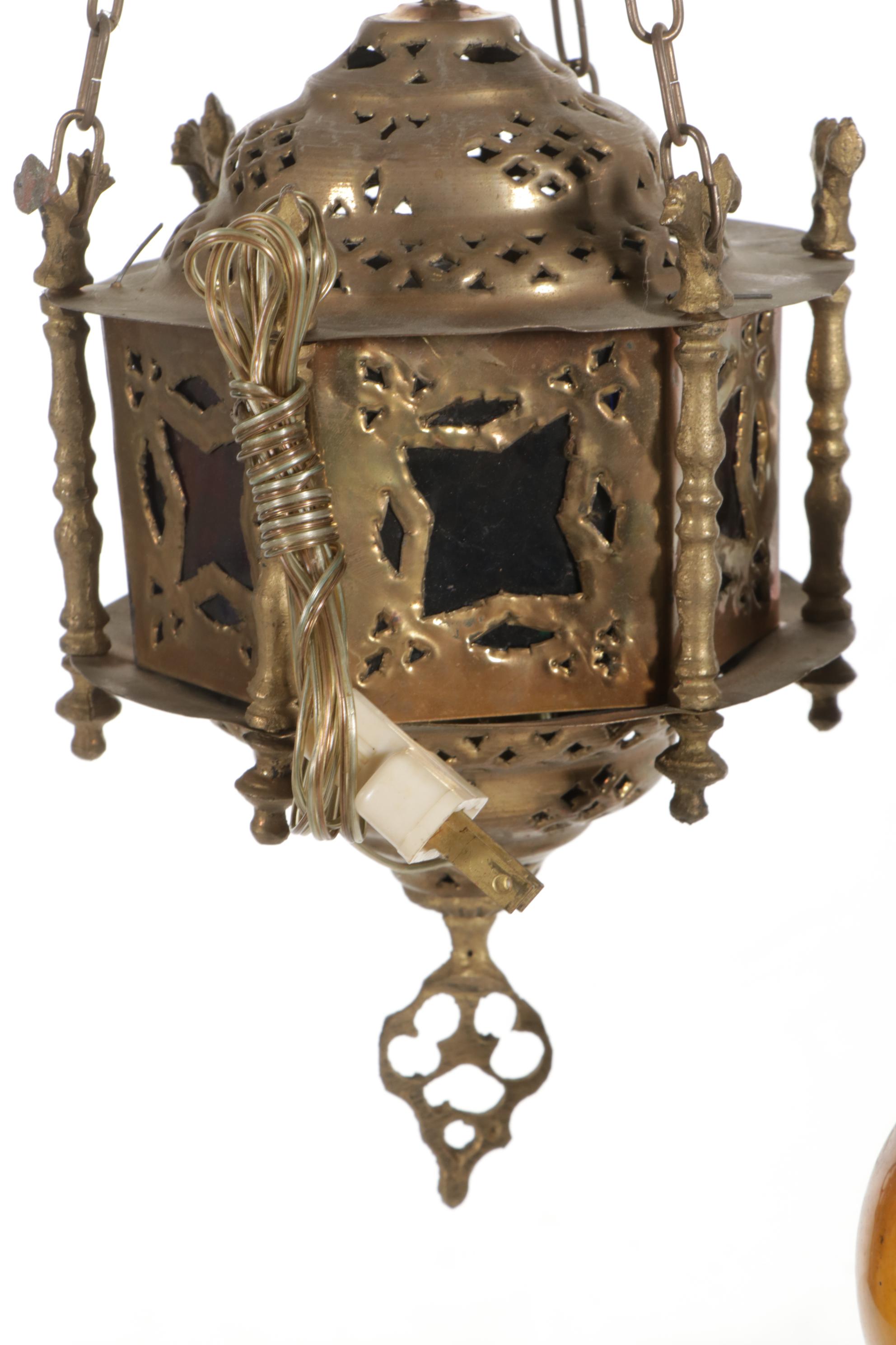 Moroccan Pierced Brass Lanterns, Mexican Blown Amber Caged Glass Pendant Lamp