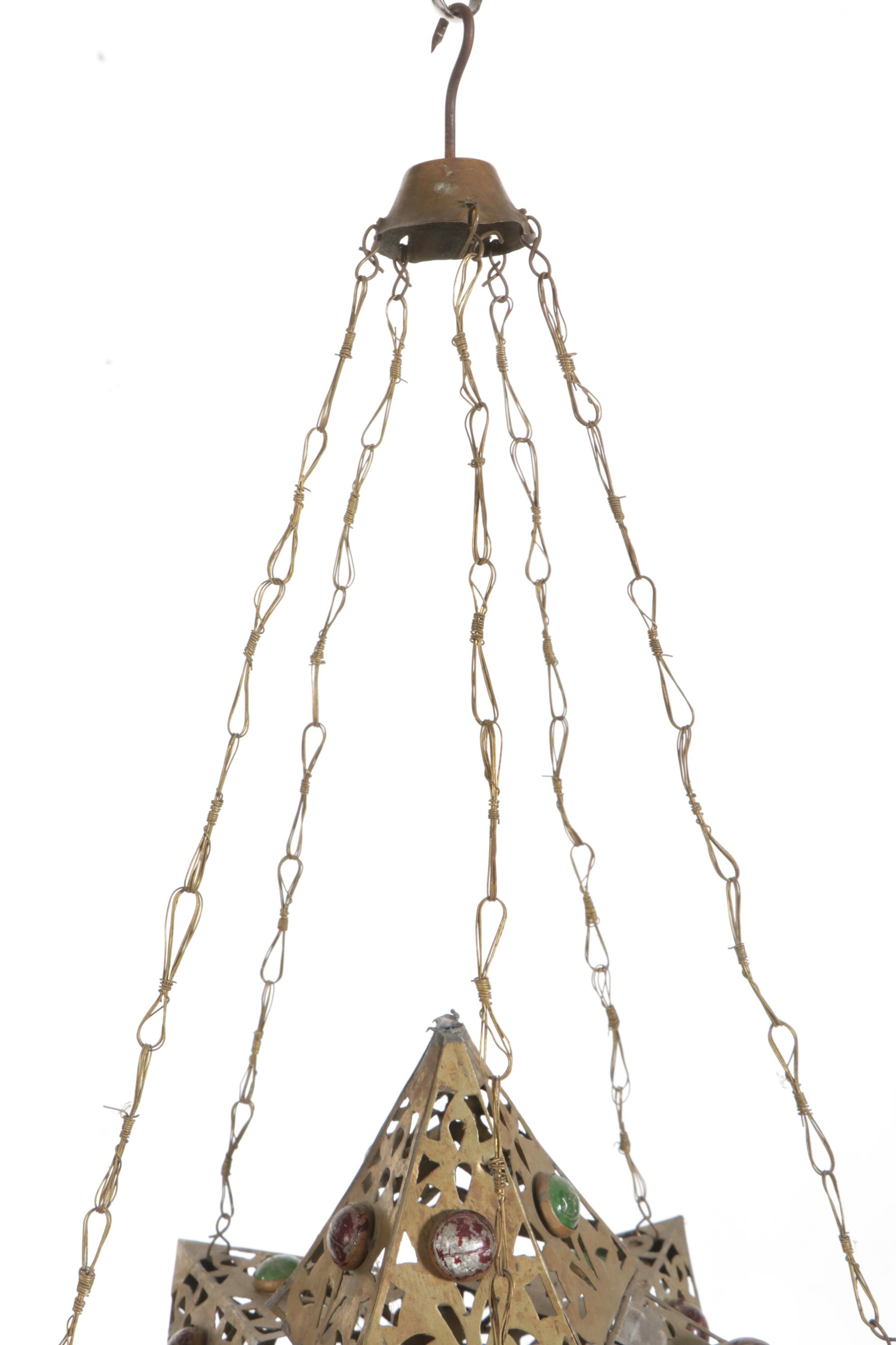 Moroccan Pierced Brass Lanterns, Mexican Blown Amber Caged Glass Pendant Lamp
