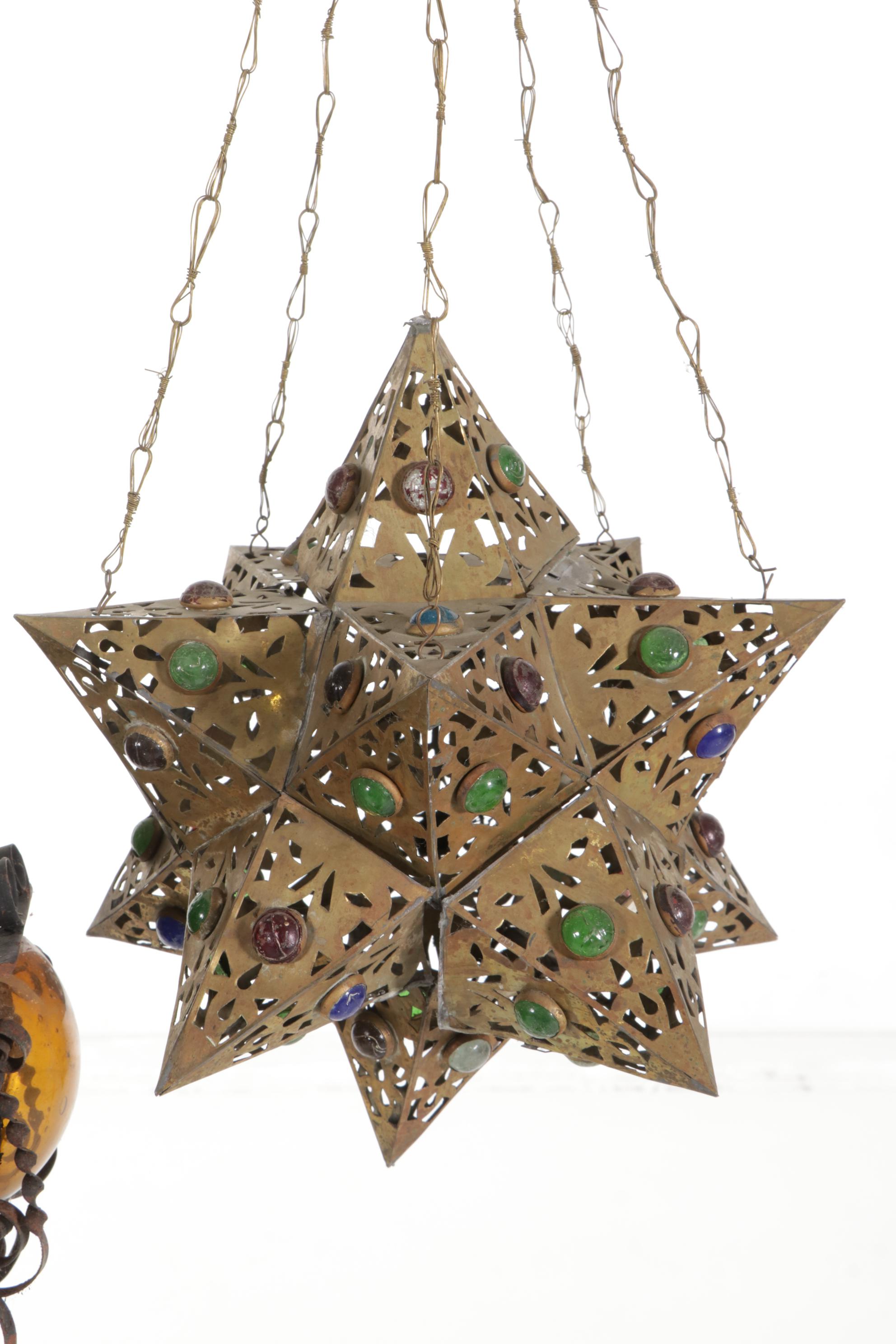 Moroccan Pierced Brass Lanterns, Mexican Blown Amber Caged Glass Pendant Lamp