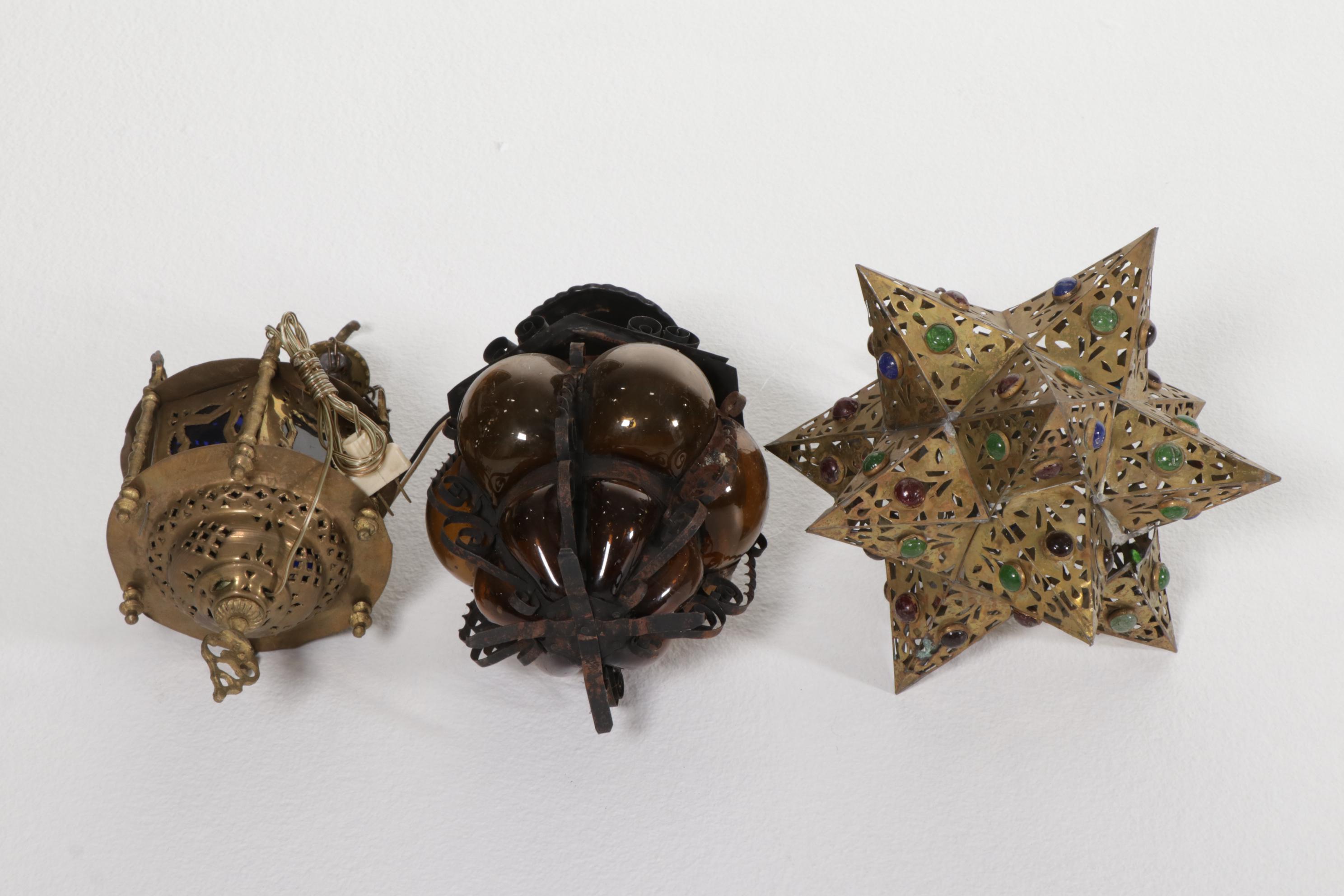 Moroccan Pierced Brass Lanterns, Mexican Blown Amber Caged Glass Pendant Lamp