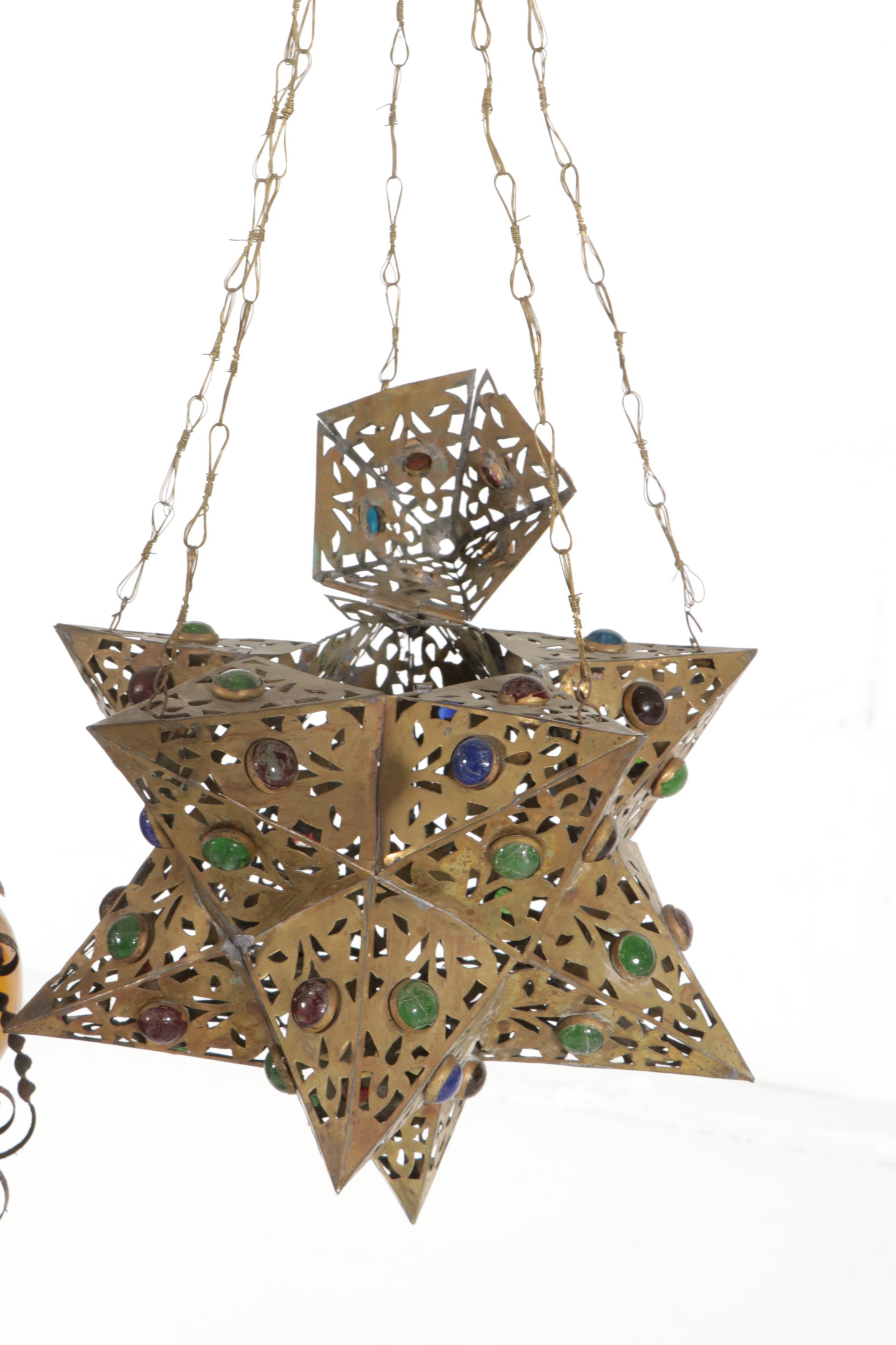 Moroccan Pierced Brass Lanterns, Mexican Blown Amber Caged Glass Pendant Lamp