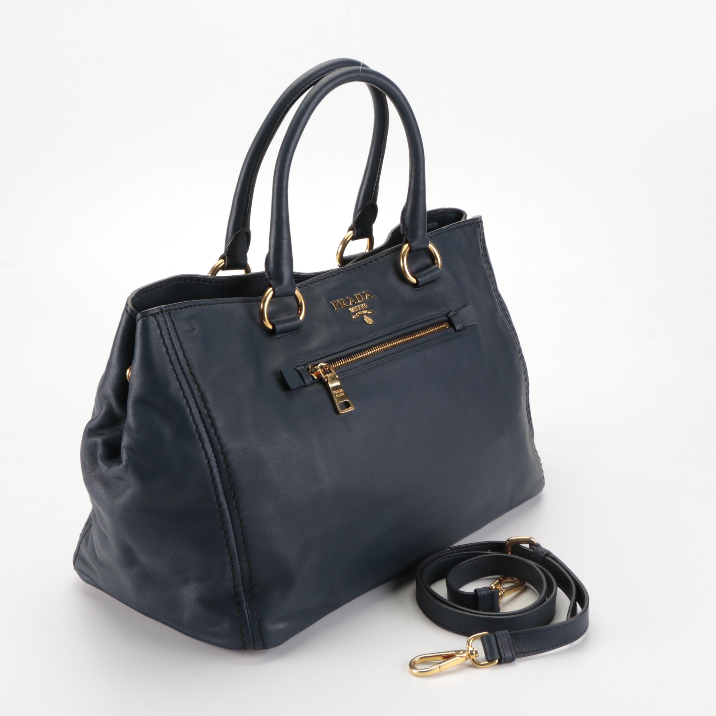 Prada Large Convertible Front-Pocket Tote in Dark Blue Calfskin Leather
