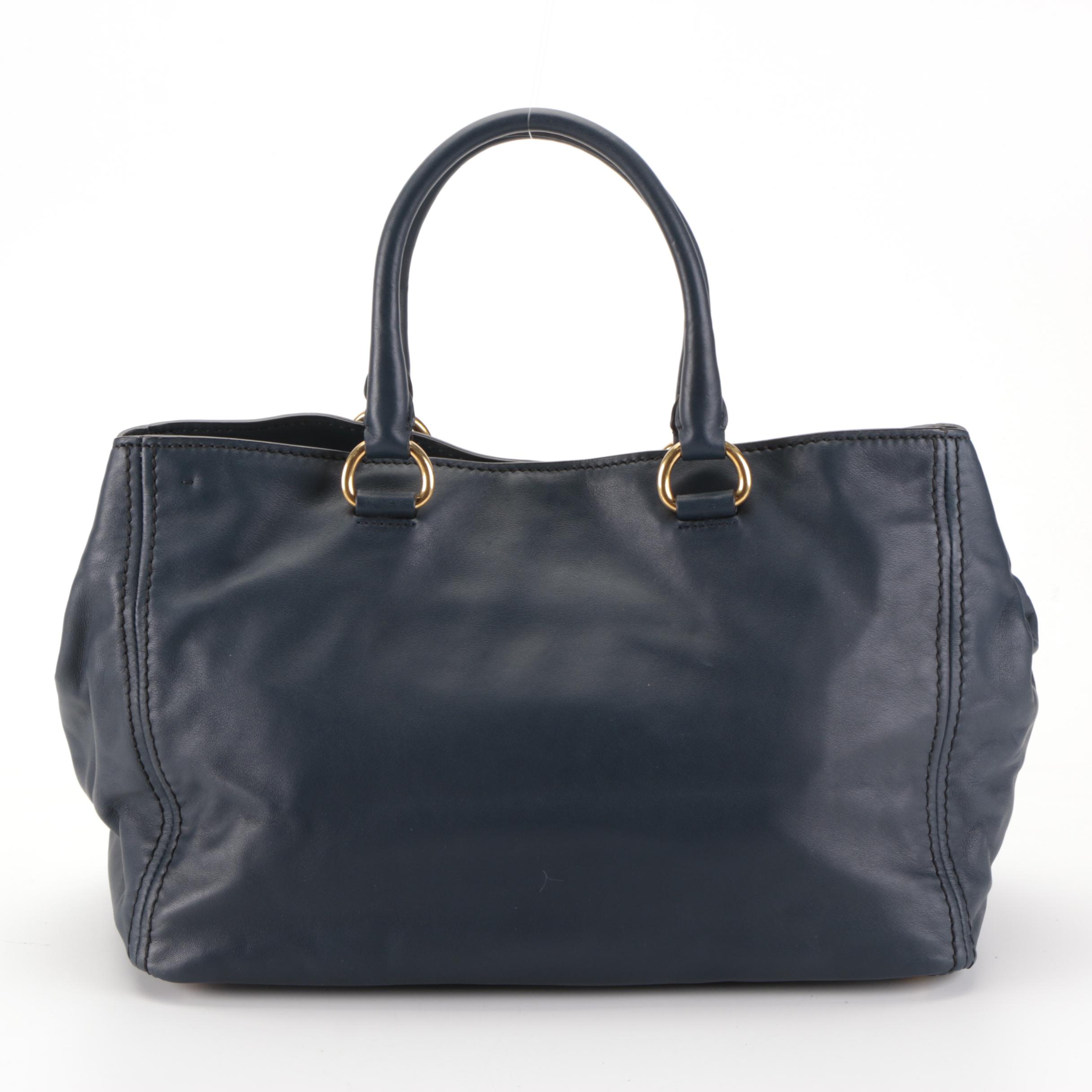 Prada Large Convertible Front-Pocket Tote in Dark Blue Calfskin Leather