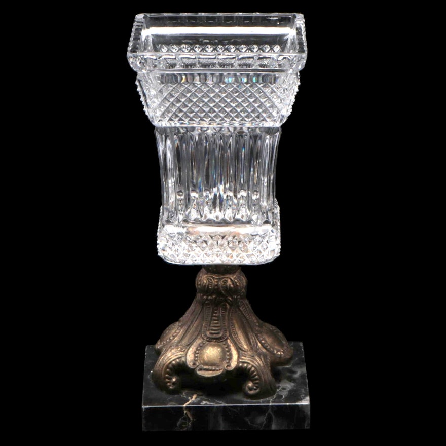 Cut Crystal Vase on Bronze and Marble Base, Mid-20th Century