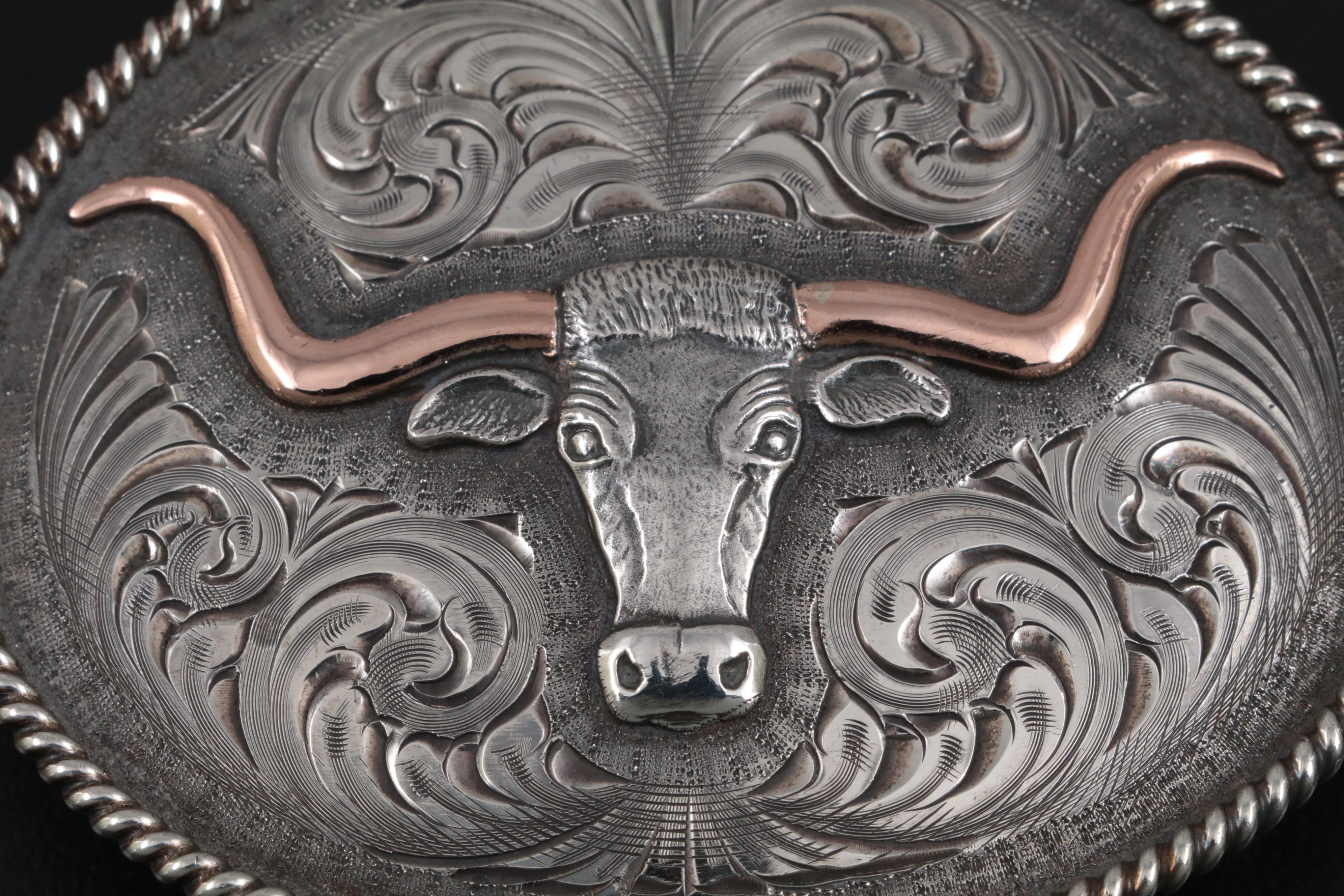 Clint Orms Sterling Southwestern Style Engraved Belt Buckle with 10K Longhorn