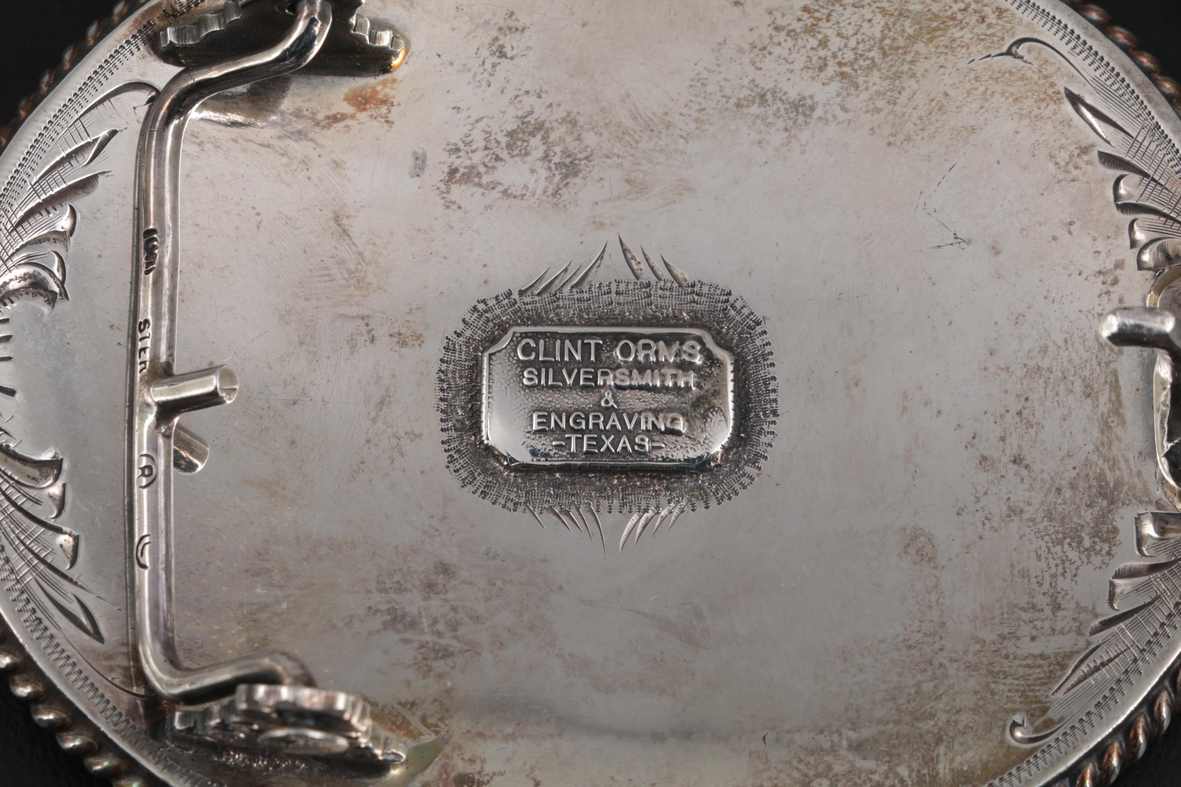 Clint Orms Sterling Southwestern Style Engraved Belt Buckle with 10K Longhorn