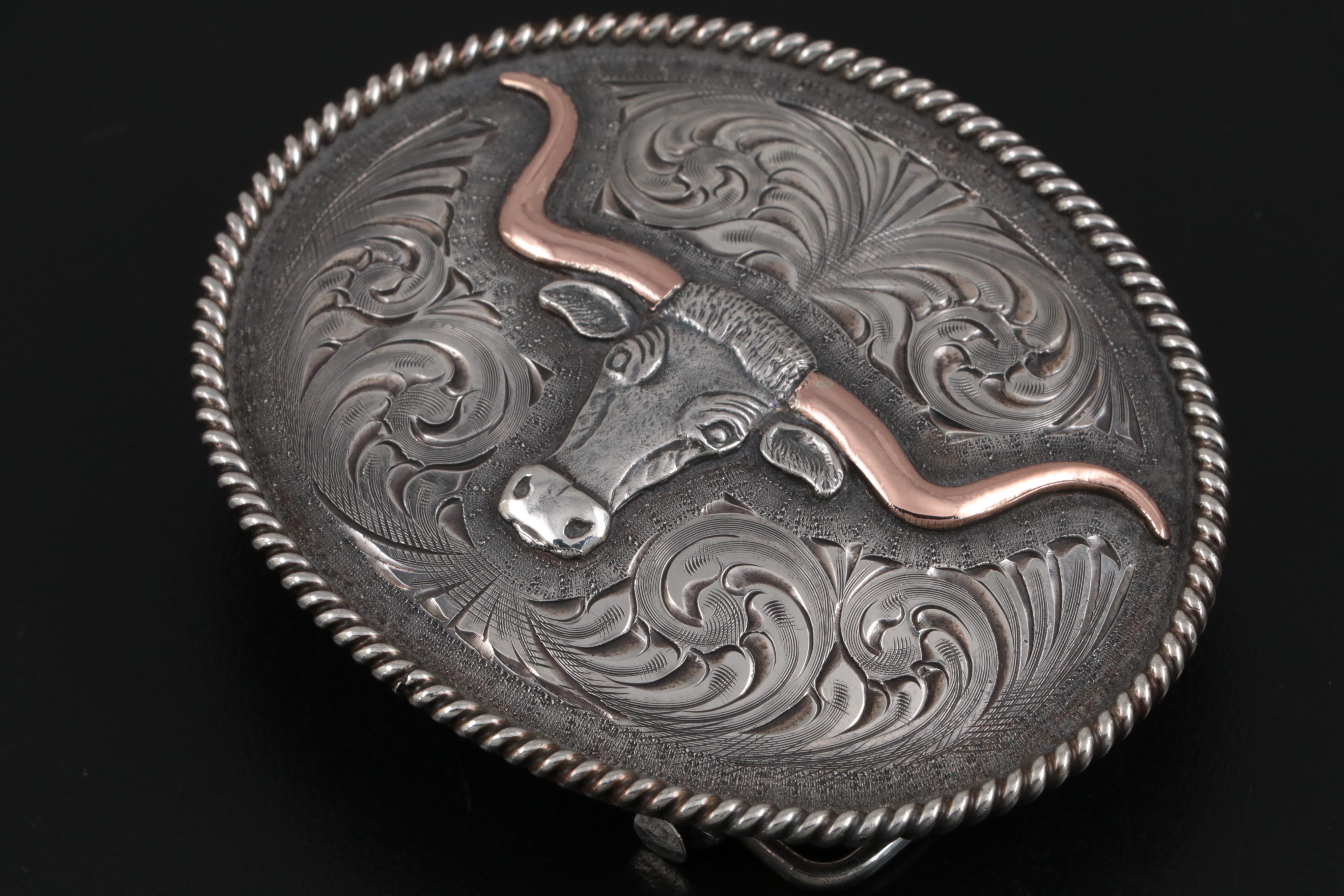Clint Orms Sterling Southwestern Style Engraved Belt Buckle with 10K Longhorn