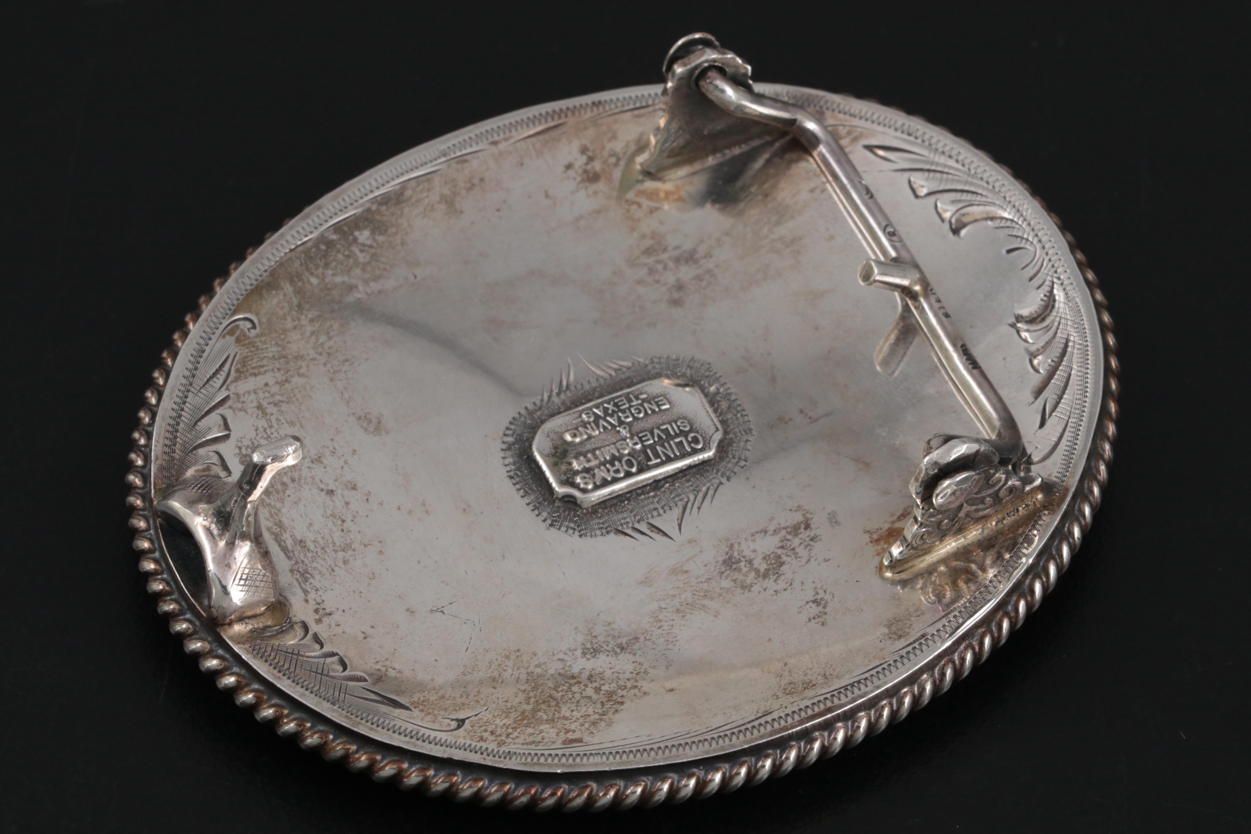 Clint Orms Sterling Southwestern Style Engraved Belt Buckle with 10K Longhorn
