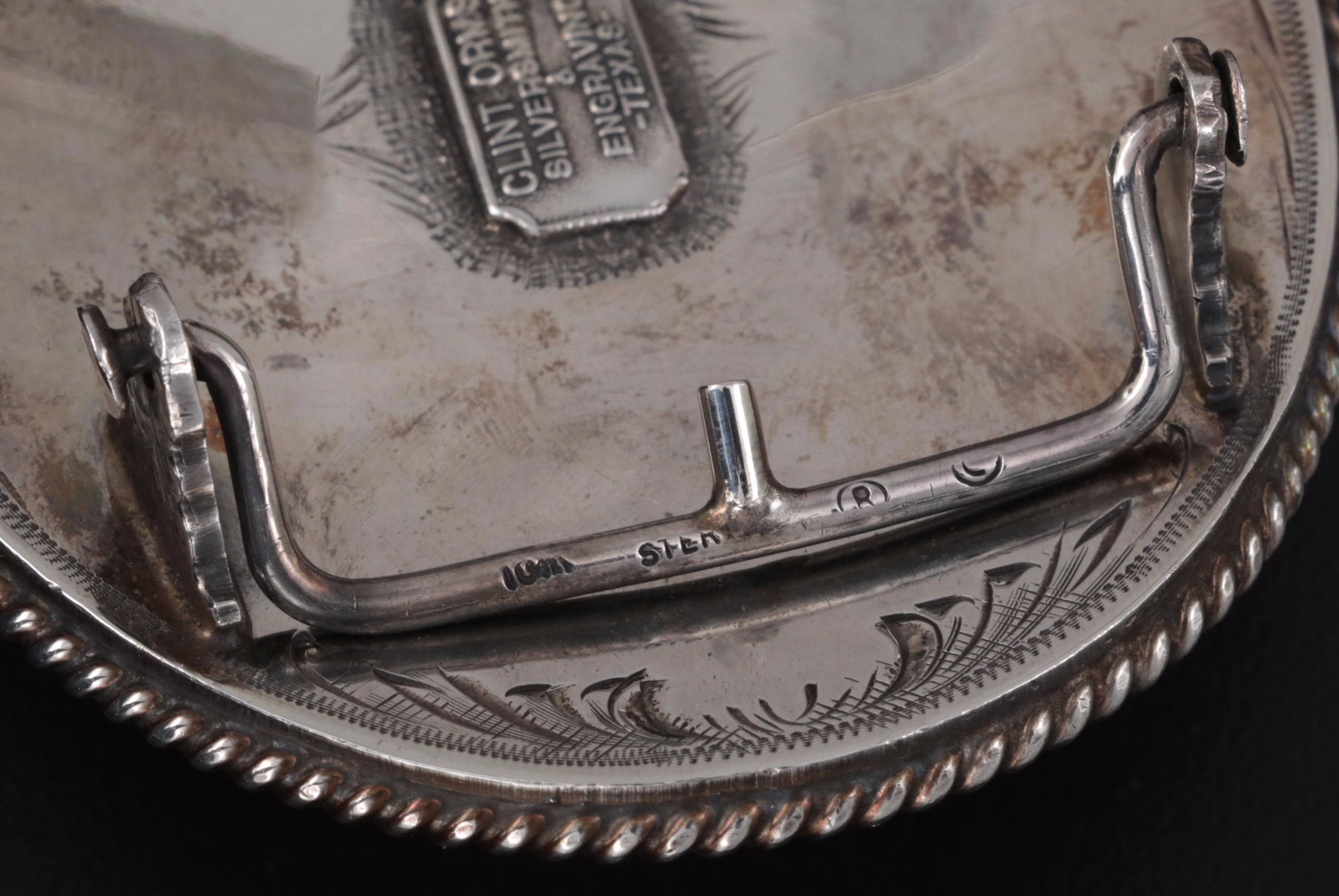 Clint Orms Sterling Southwestern Style Engraved Belt Buckle with 10K Longhorn