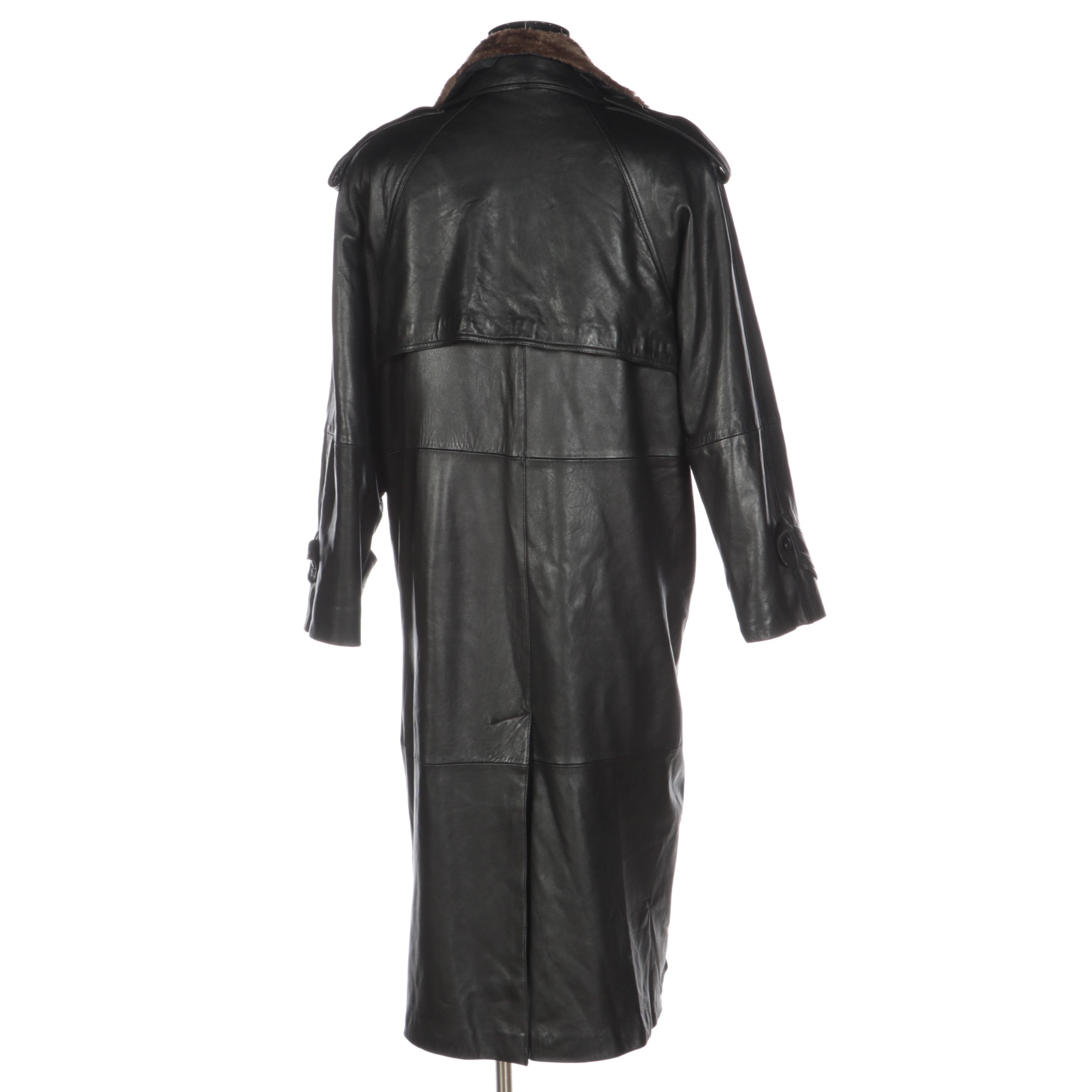 Men's Jindo Furs Sheared Muskrat Lined Black Leather Double-Breasted Trench Coat