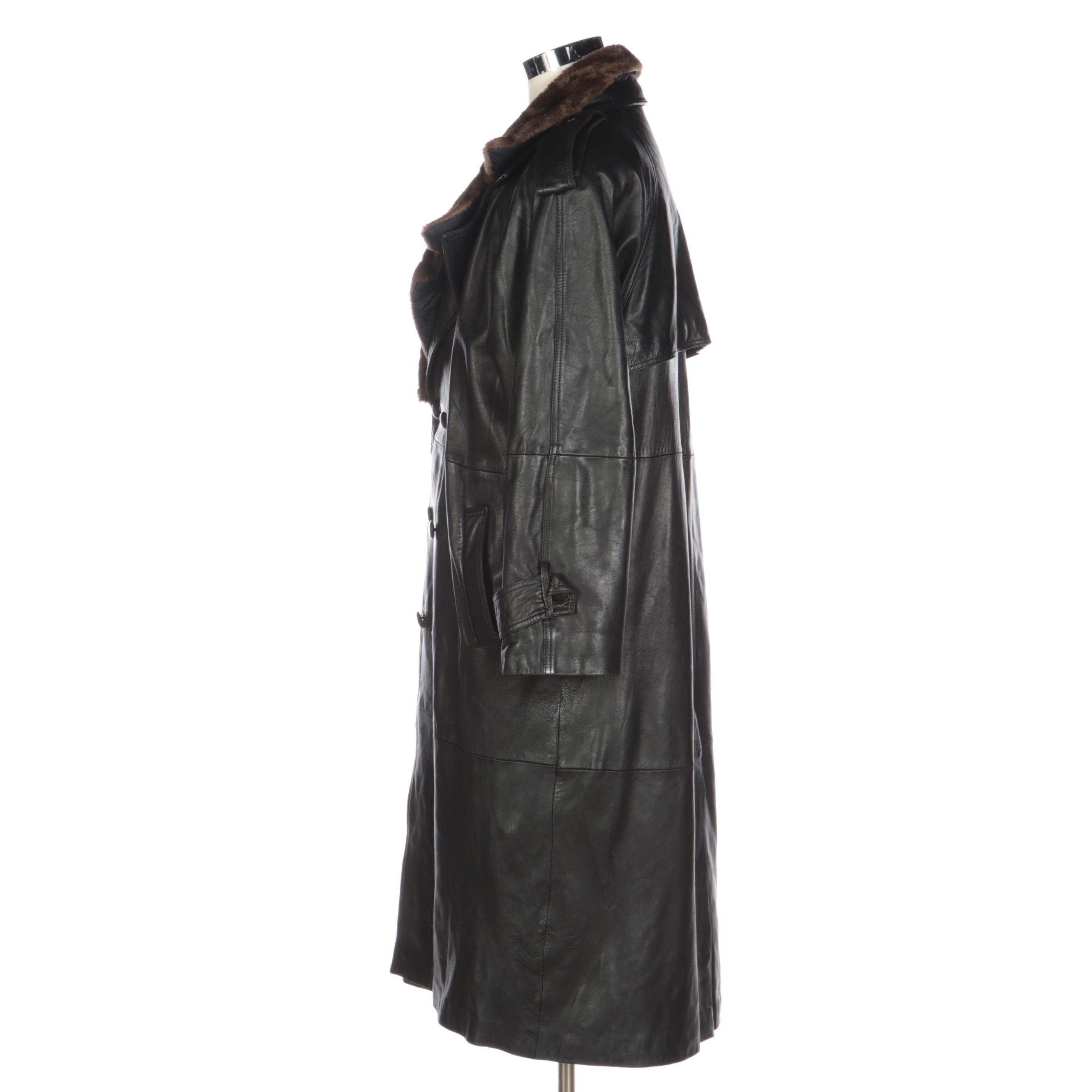 Men's Jindo Furs Sheared Muskrat Lined Black Leather Double-Breasted Trench Coat