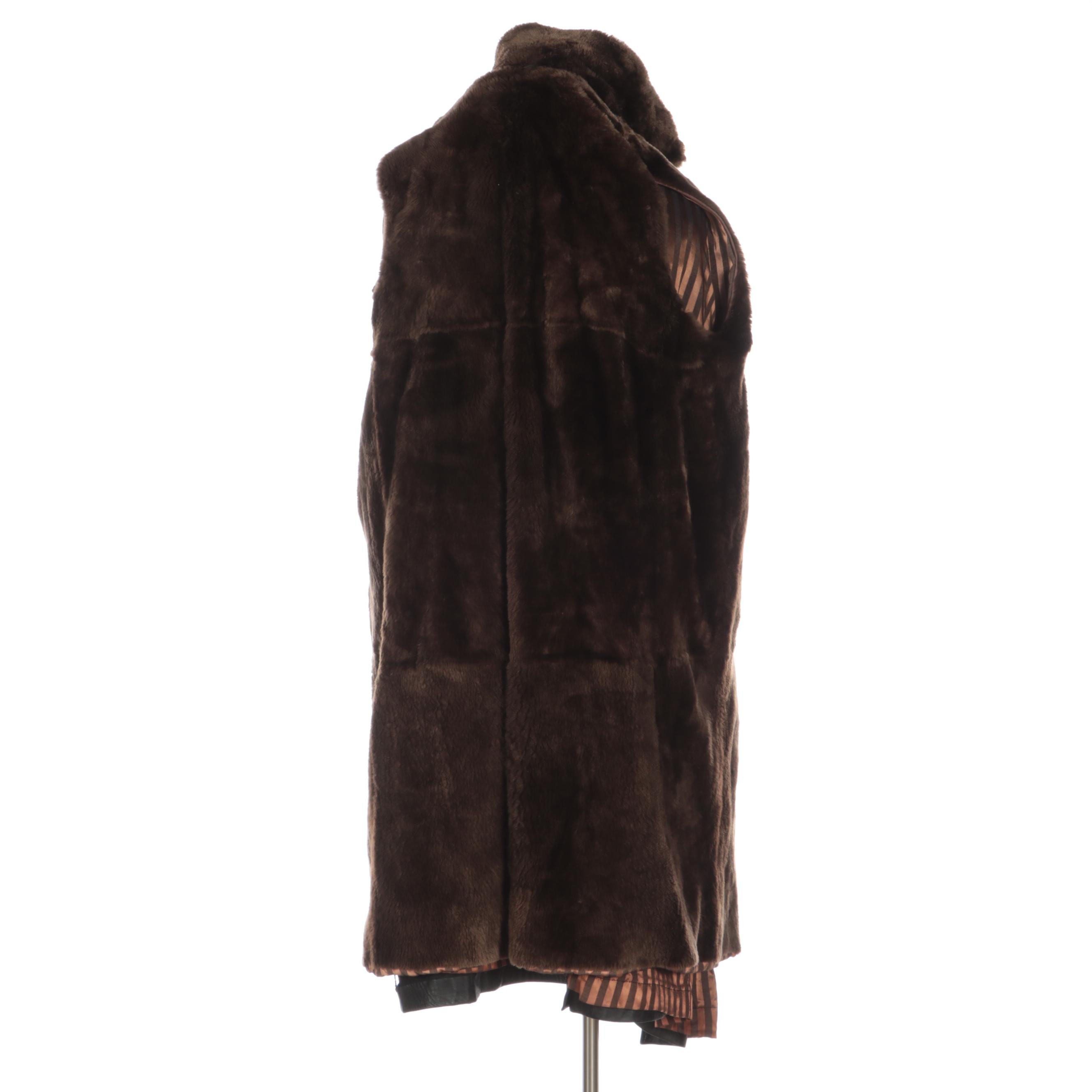 Men's Jindo Furs Sheared Muskrat Lined Black Leather Double-Breasted Trench Coat