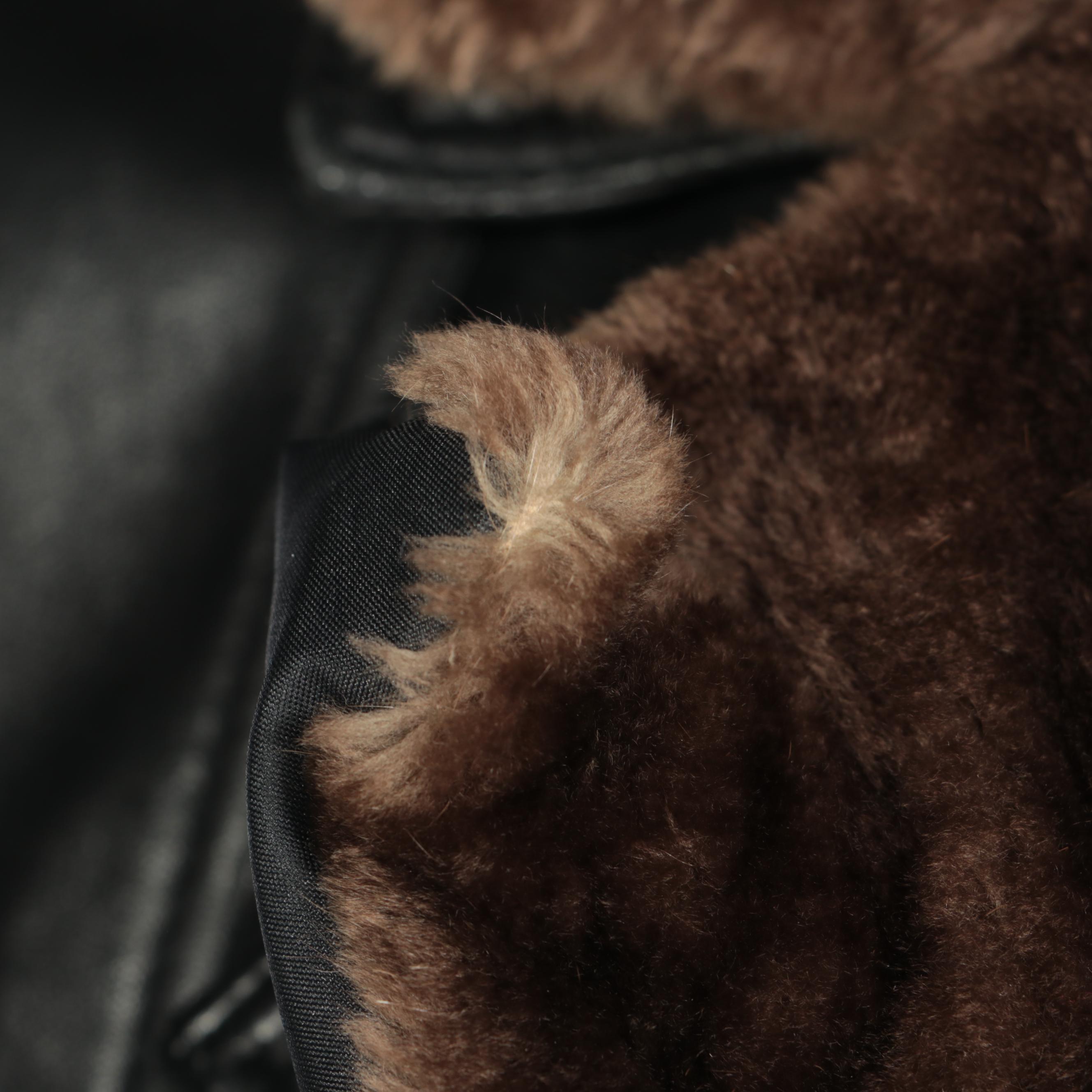 Men's Jindo Furs Sheared Muskrat Lined Black Leather Double-Breasted Trench Coat