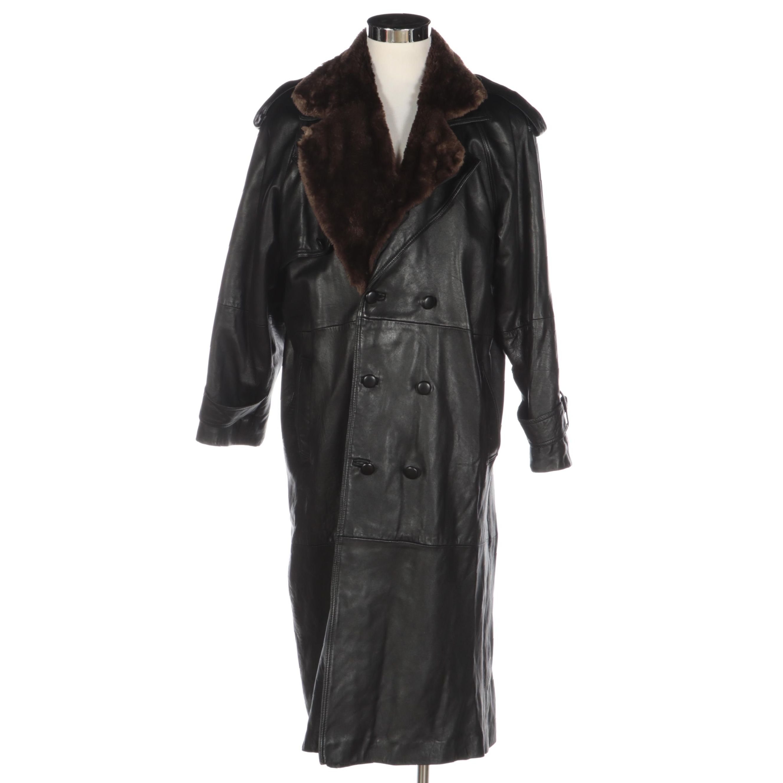 Men's Jindo Furs Sheared Muskrat Lined Black Leather Double-Breasted Trench Coat