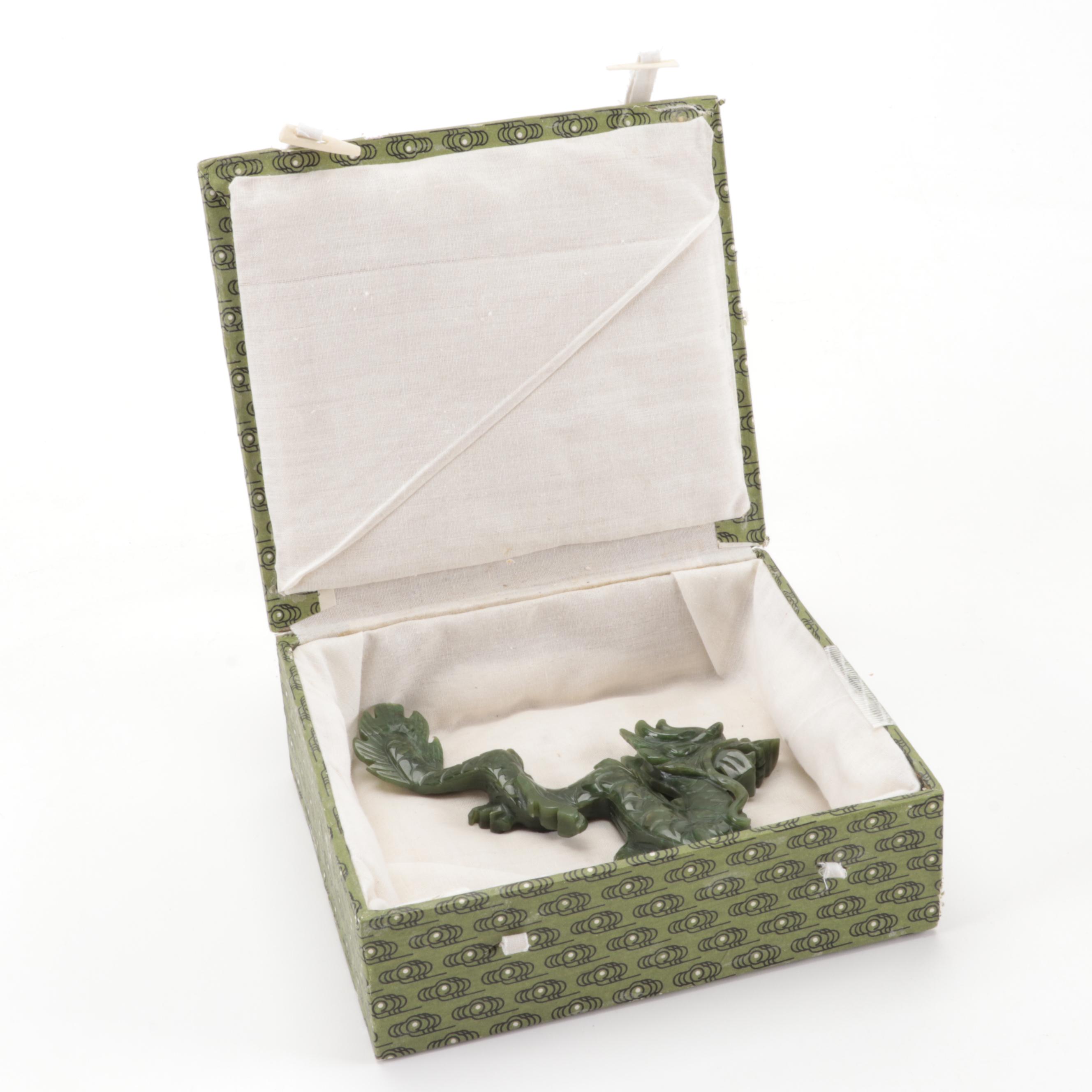 Chinese Carved Nephrite Figure of Dragon with Gift Box