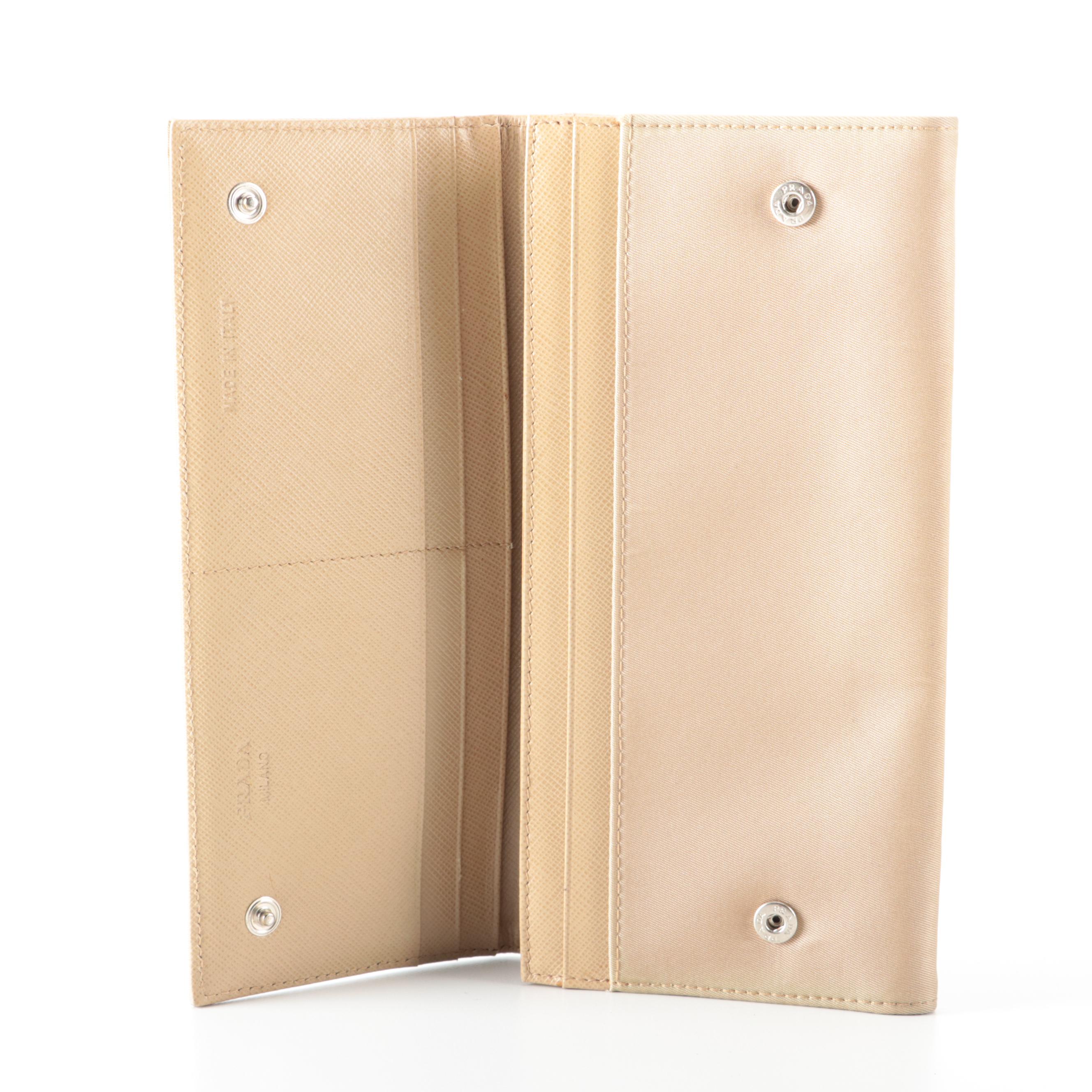 Prada Flap Front Wallet in Beige Nylon and Saffiano Leather