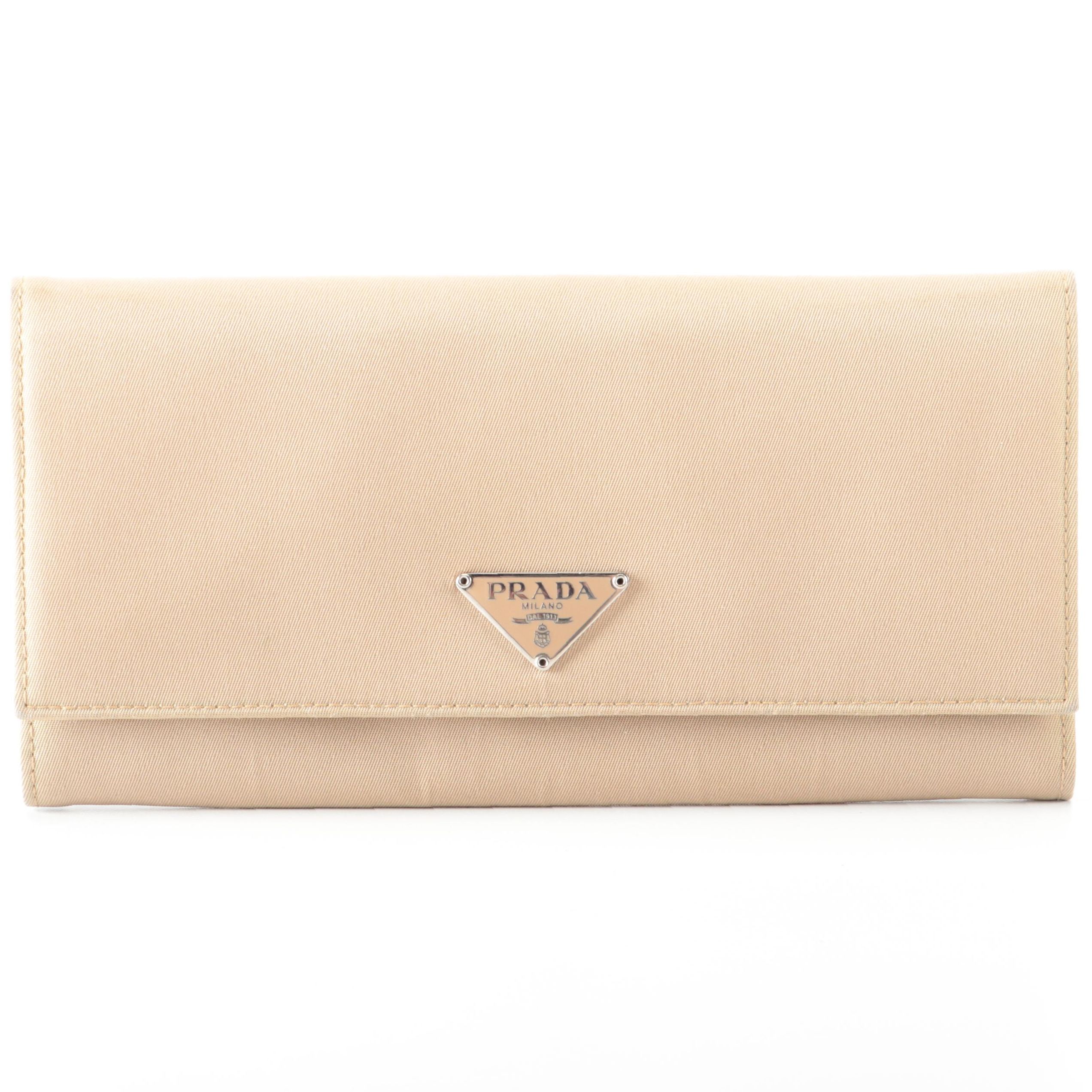Prada Flap Front Wallet in Beige Nylon and Saffiano Leather