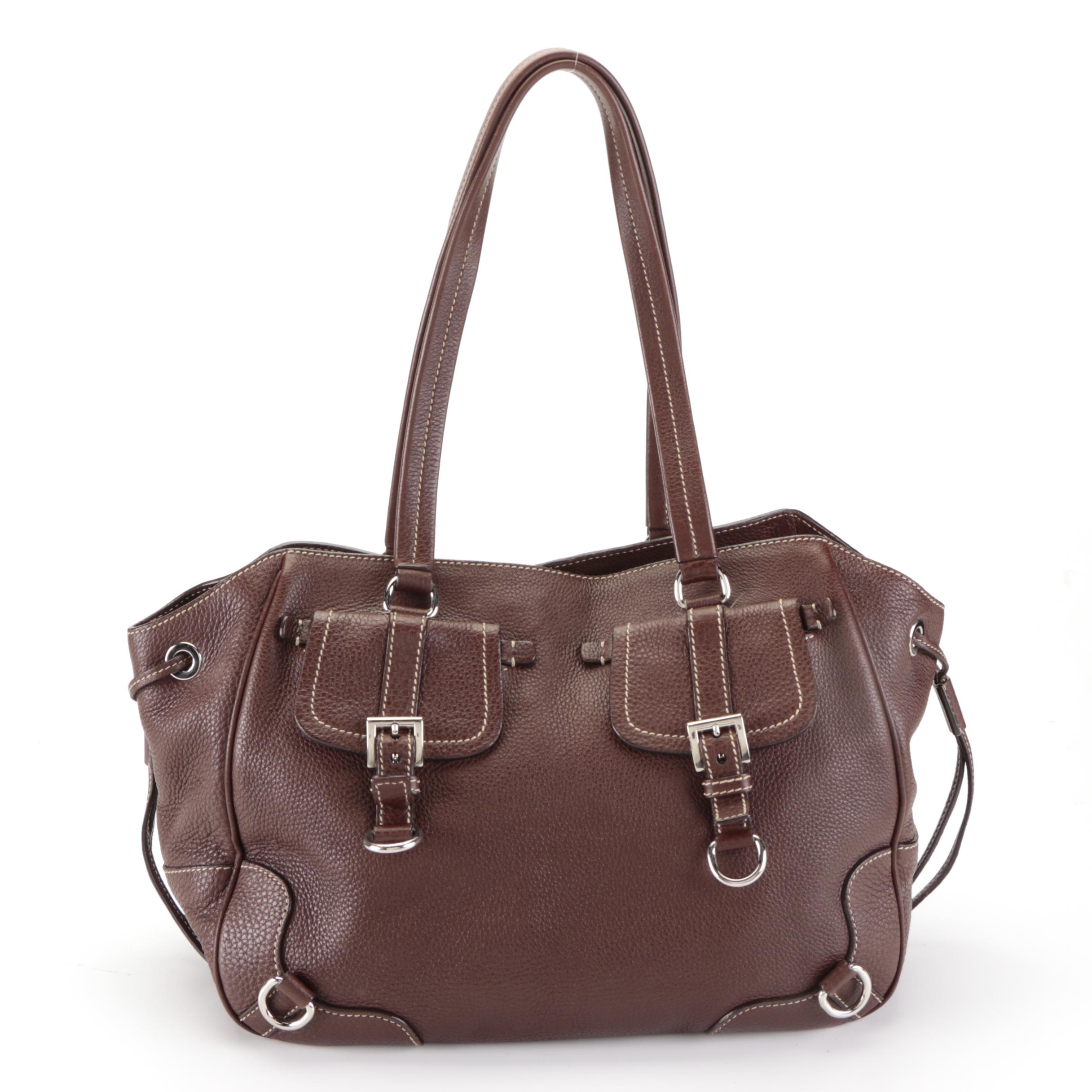 Prada Four-Pocket Buckle Shoulder Tote in Dark Brown Deerskin Leather