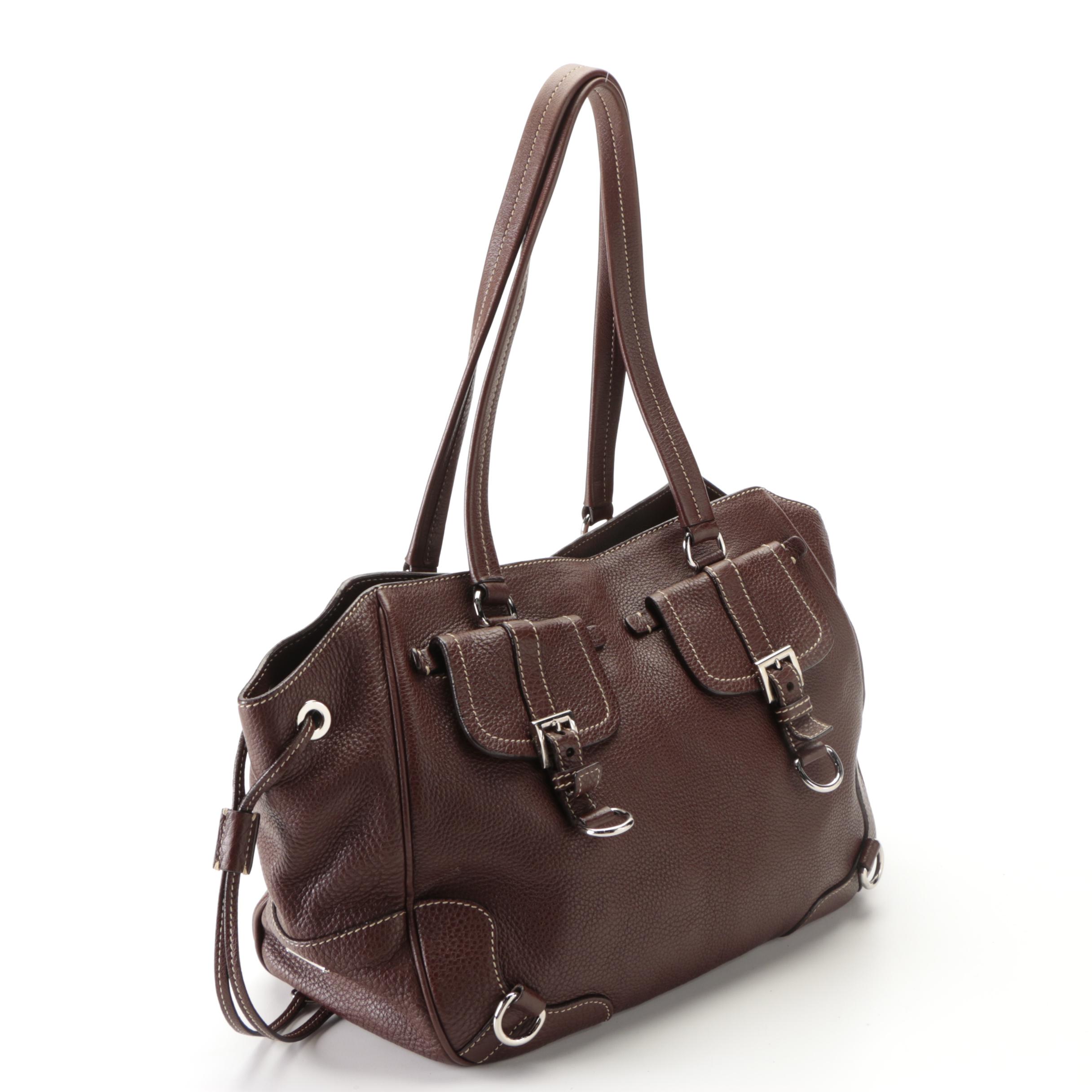 Prada Four-Pocket Buckle Shoulder Tote in Dark Brown Deerskin Leather