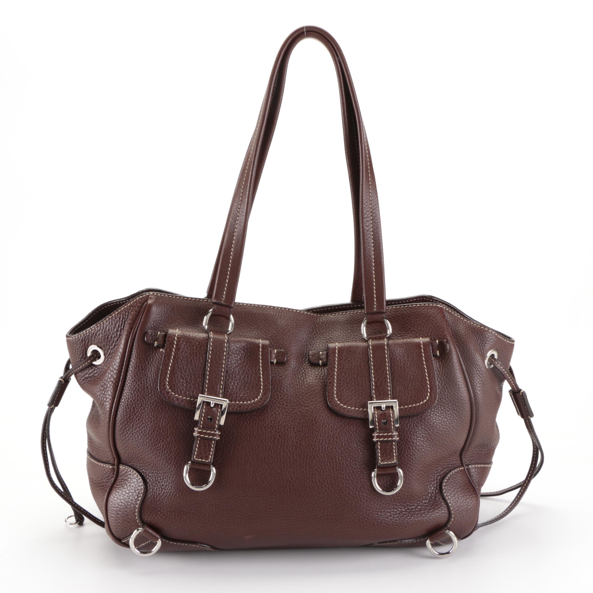 Prada Four-Pocket Buckle Shoulder Tote in Dark Brown Deerskin Leather