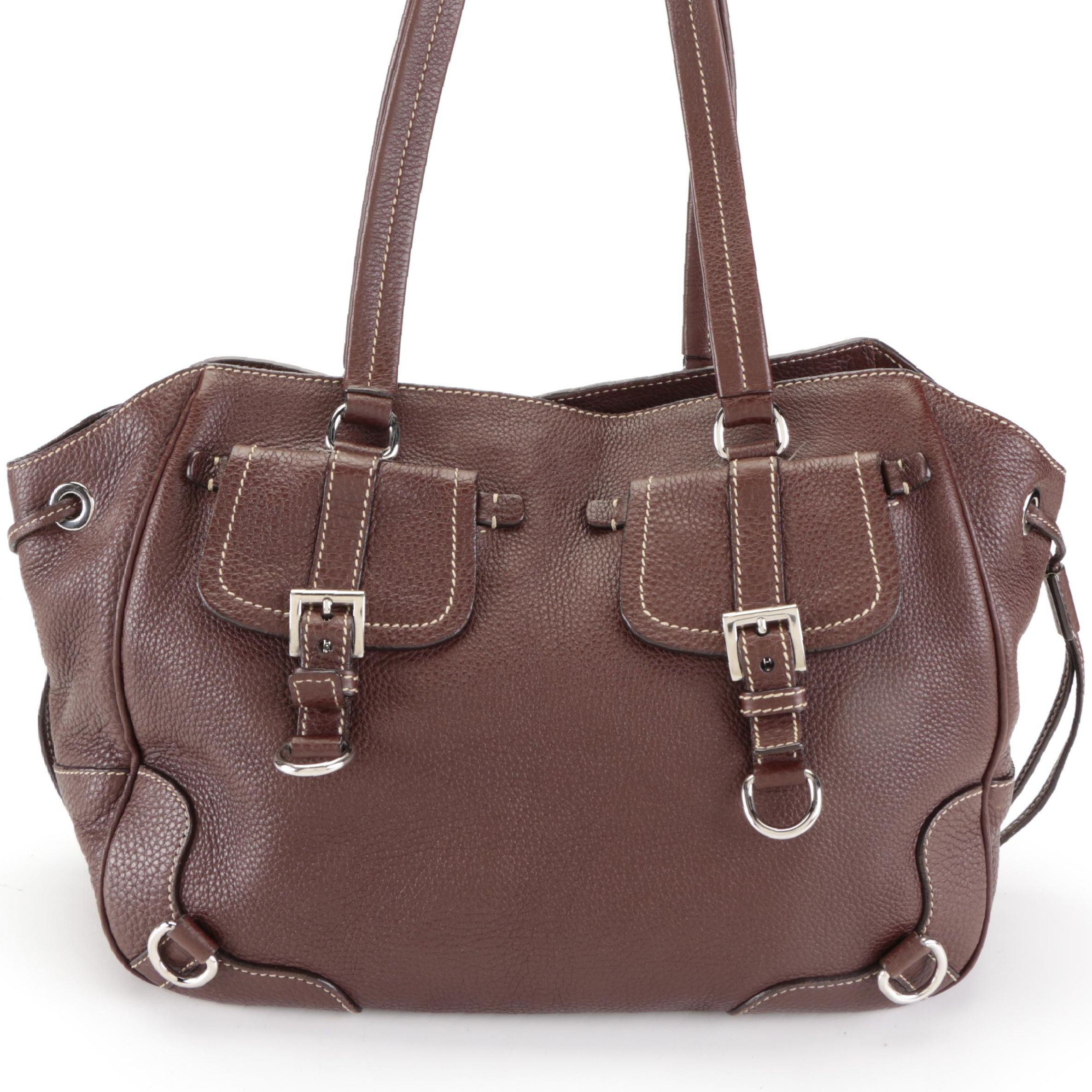 Prada Four-Pocket Buckle Shoulder Tote in Dark Brown Deerskin Leather