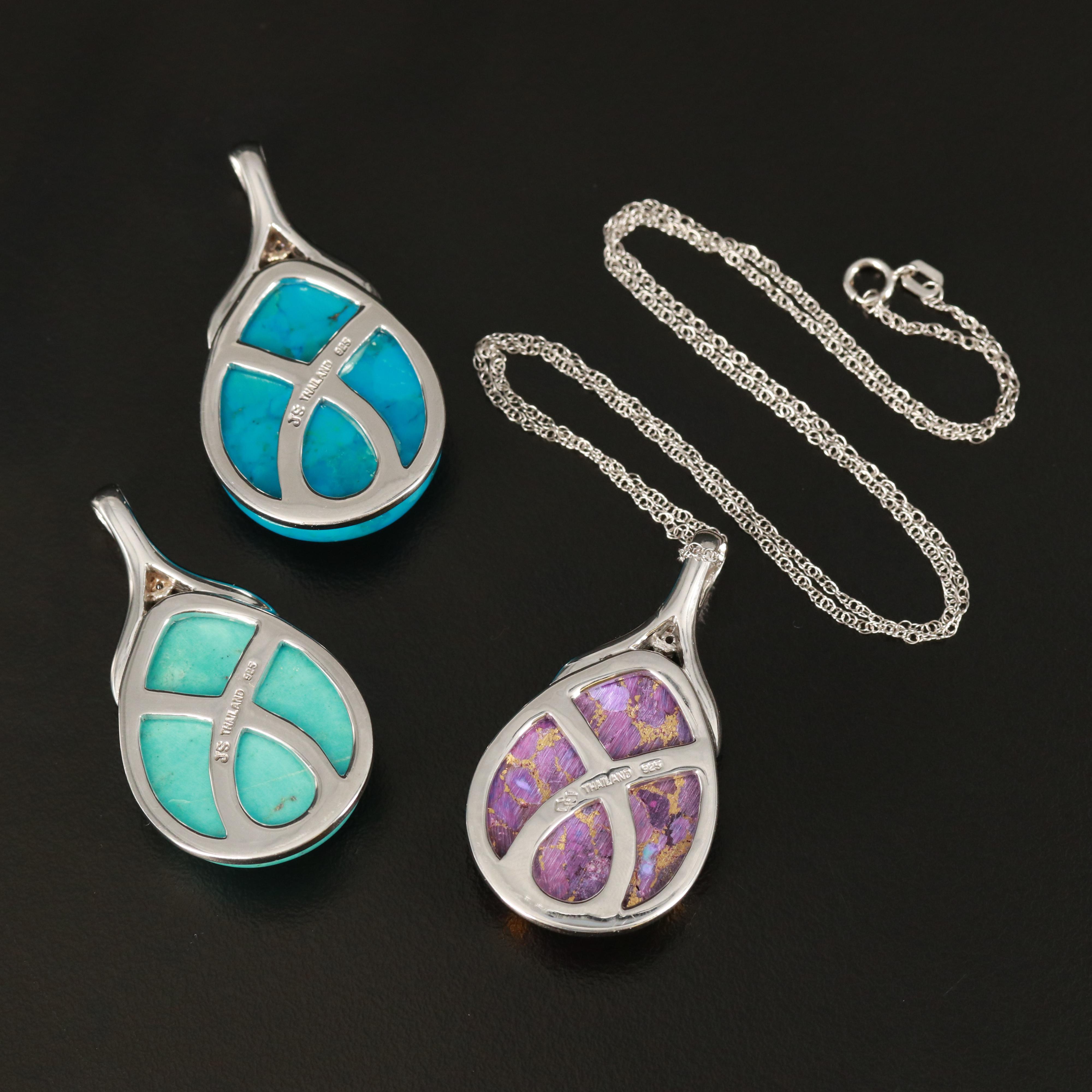 Sterling Teardrop Pendants and Necklace Featuring Turquoise