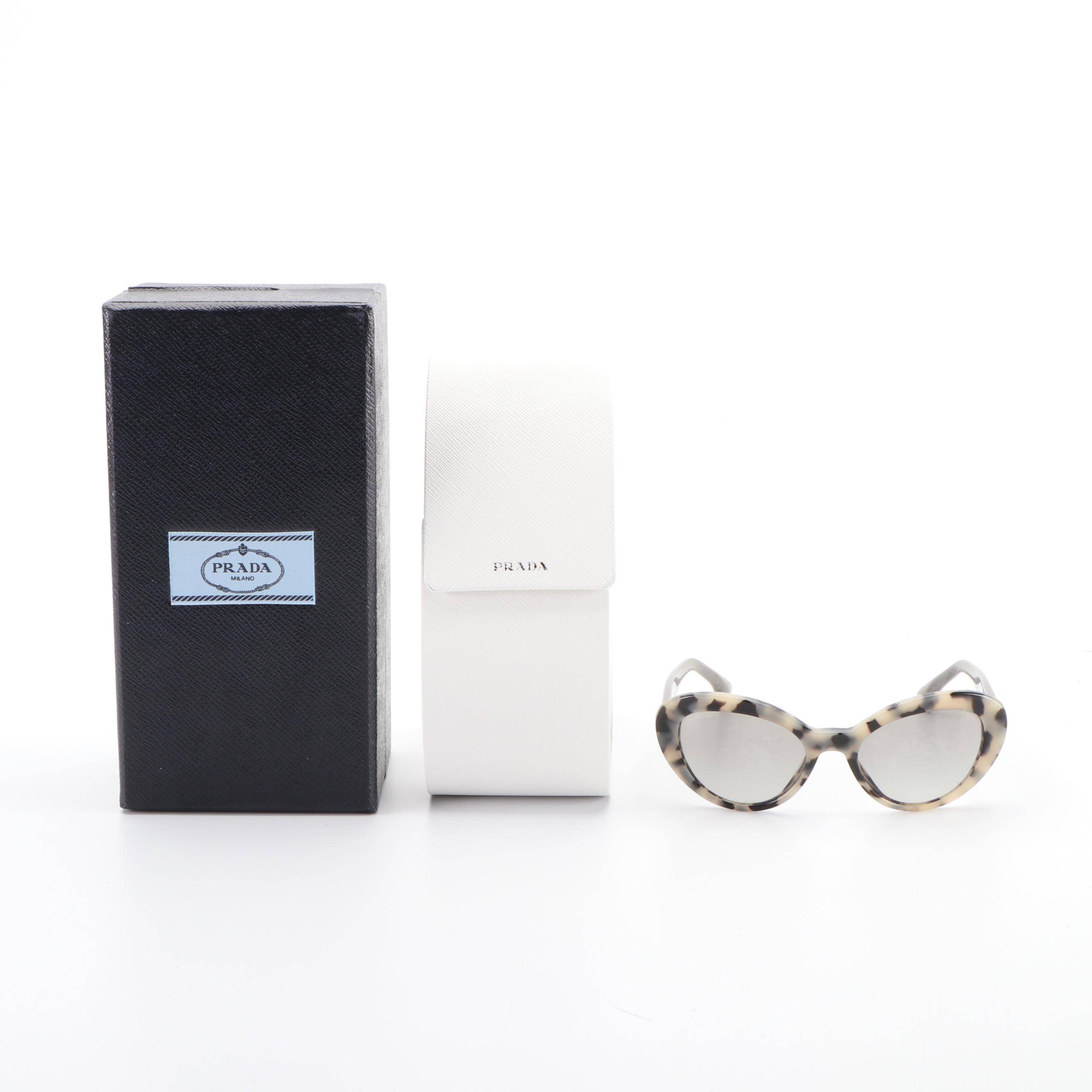 Prada SPR15Q Modified Cat Eye Sunglasses in Opal-Black Frame/Smoke Lens with Box