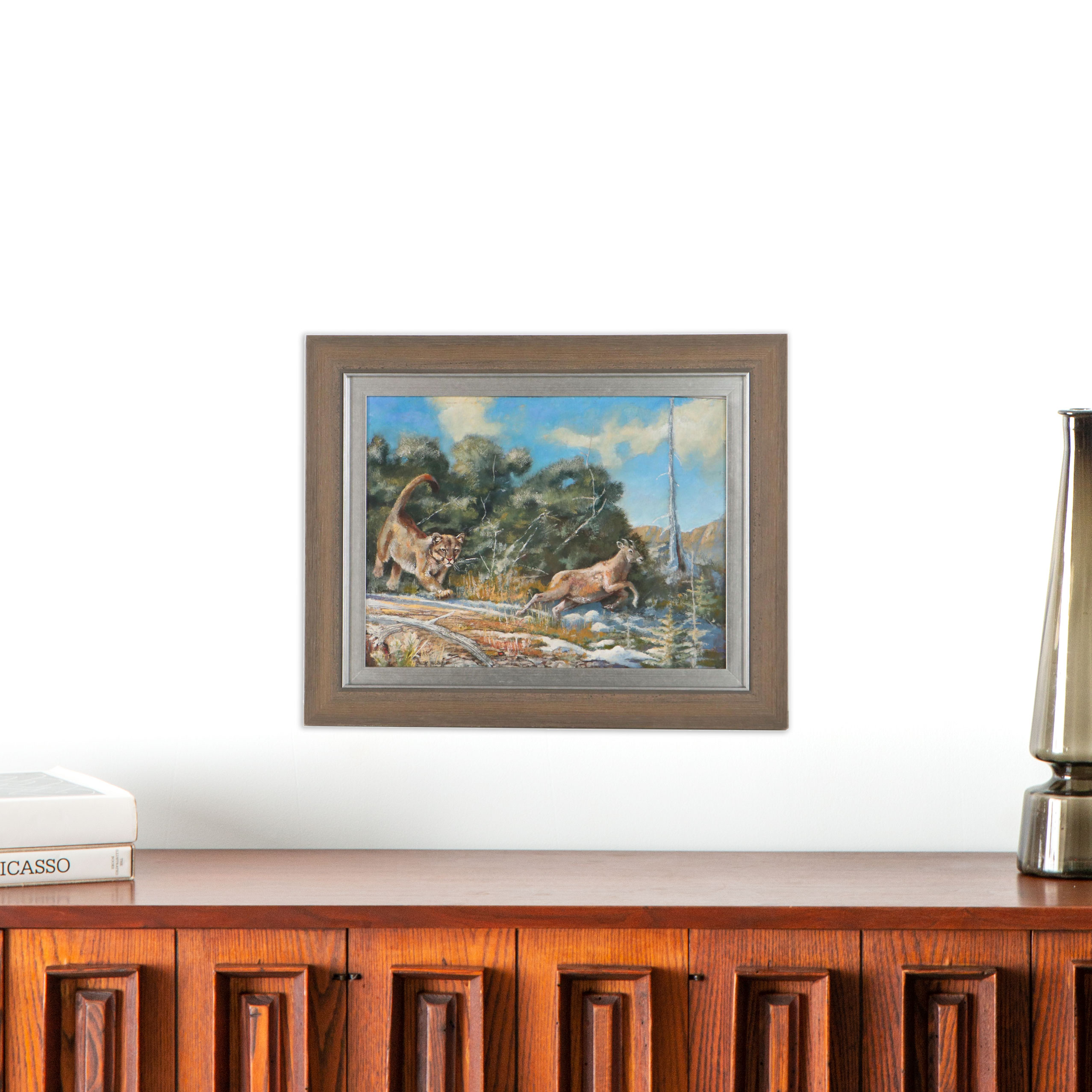 Bob Kuhn Wildlife Oil Painting of Mountain Lion Chasing Sheep, Late 20th Century