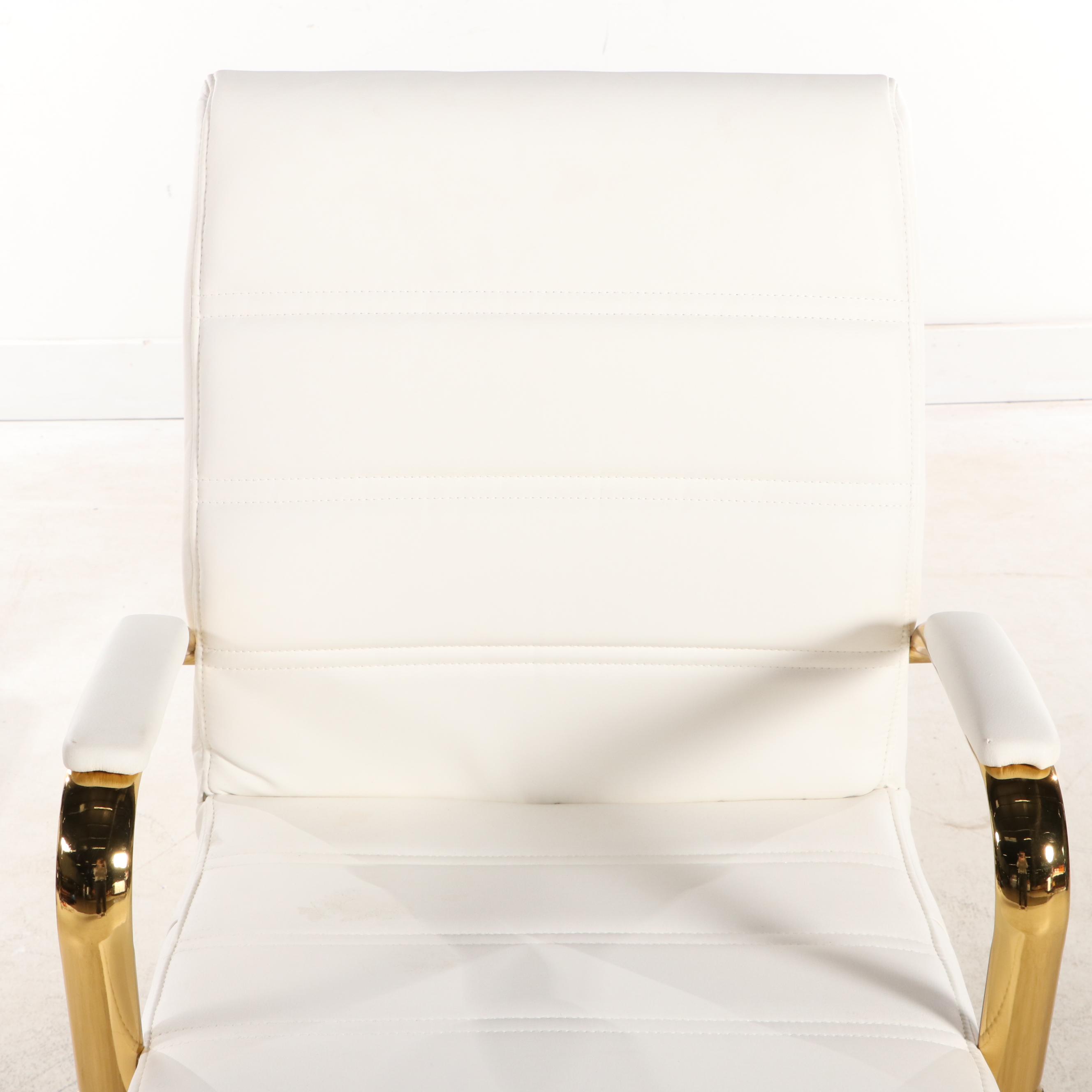 Pair of Belnick White Faux-Leather and Gold-Tone Metal Adjustable Desk Chairs