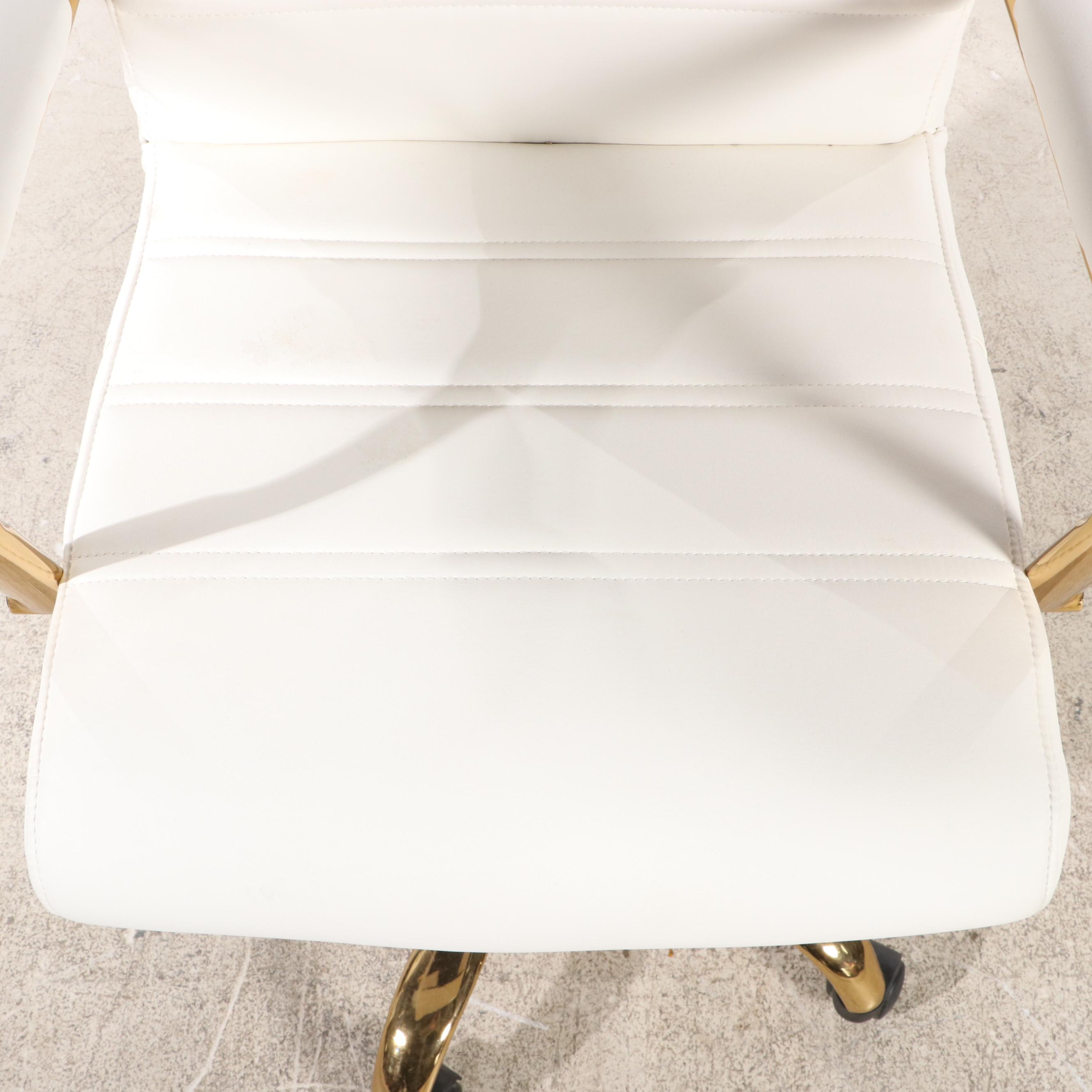 Pair of Belnick White Faux-Leather and Gold-Tone Metal Adjustable Desk Chairs