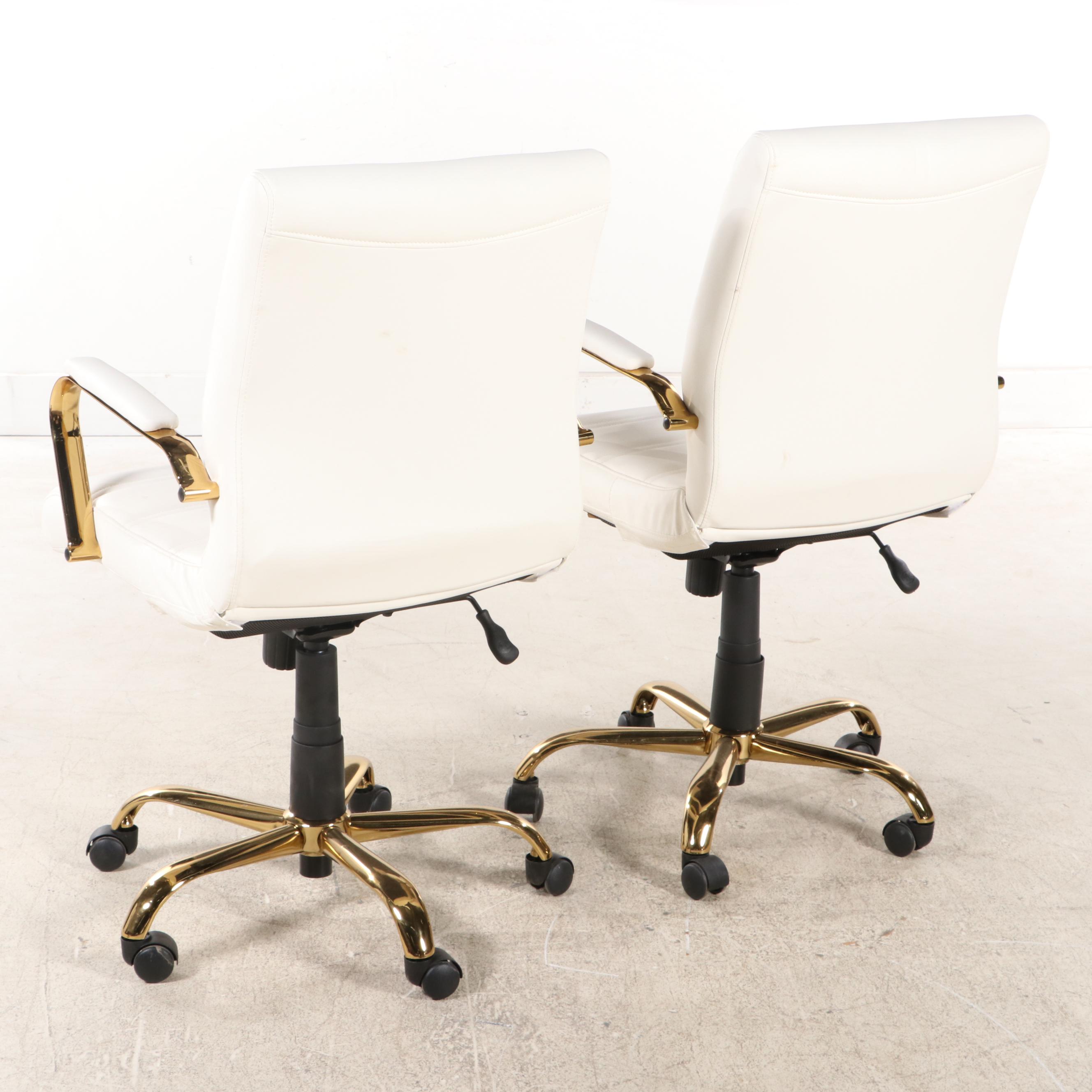 Pair of Belnick White Faux-Leather and Gold-Tone Metal Adjustable Desk Chairs
