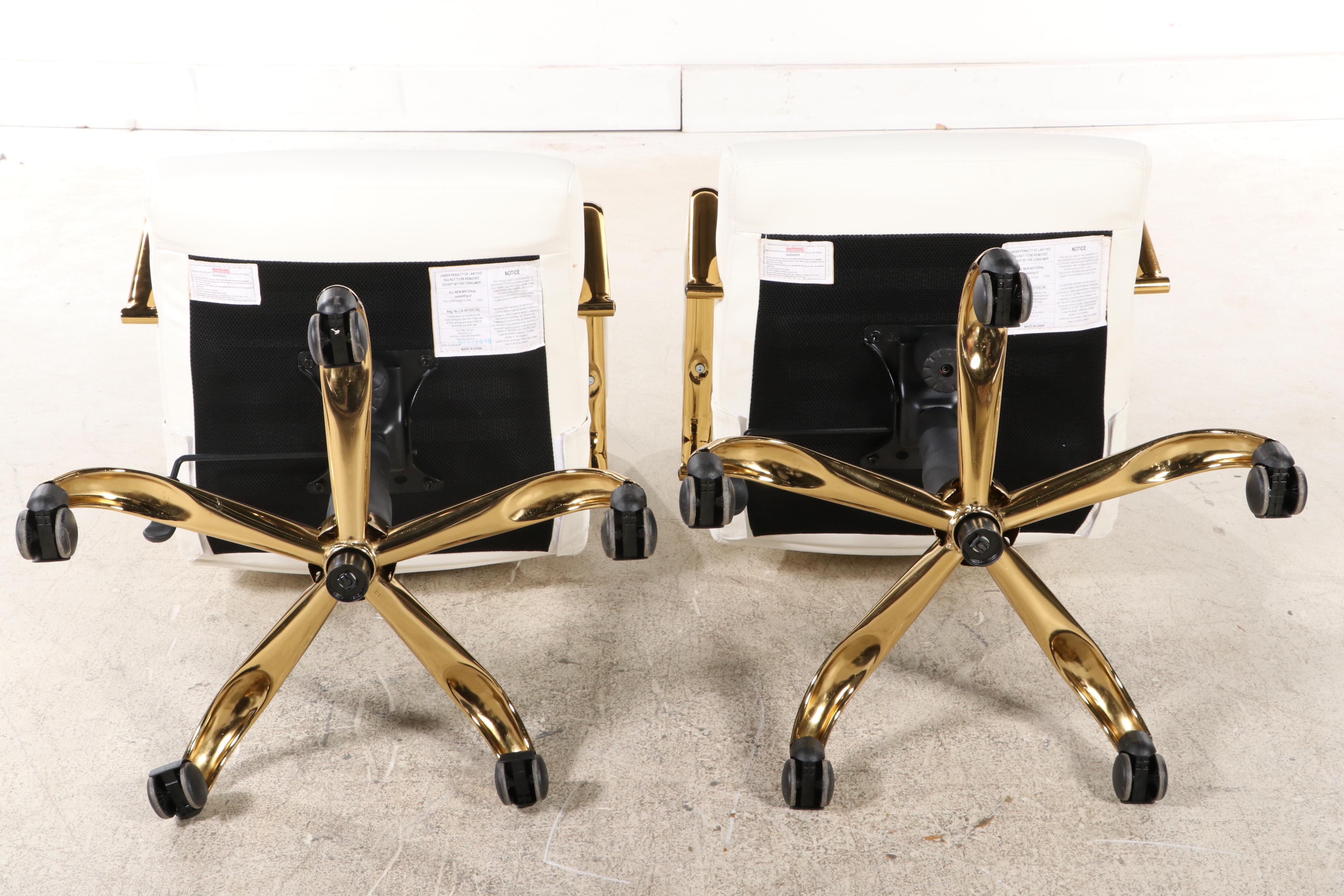 Pair of Belnick White Faux-Leather and Gold-Tone Metal Adjustable Desk Chairs