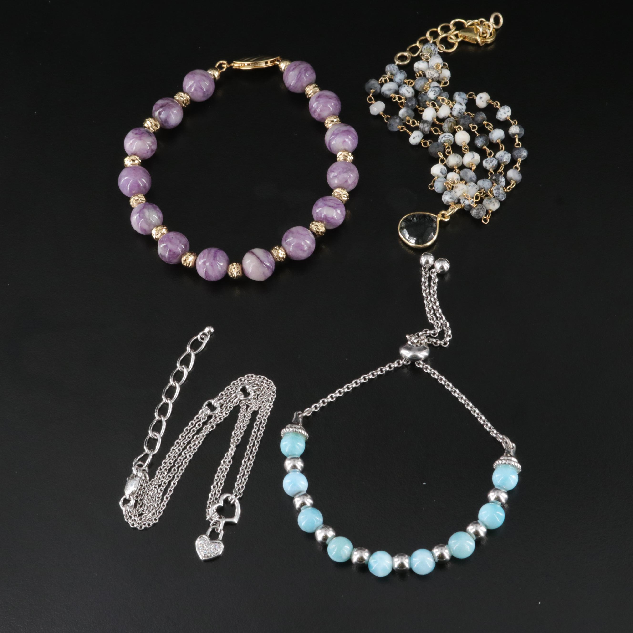 Sterling Bracelets and Heart Anklet Including Diamond, Jasper and Quartzite