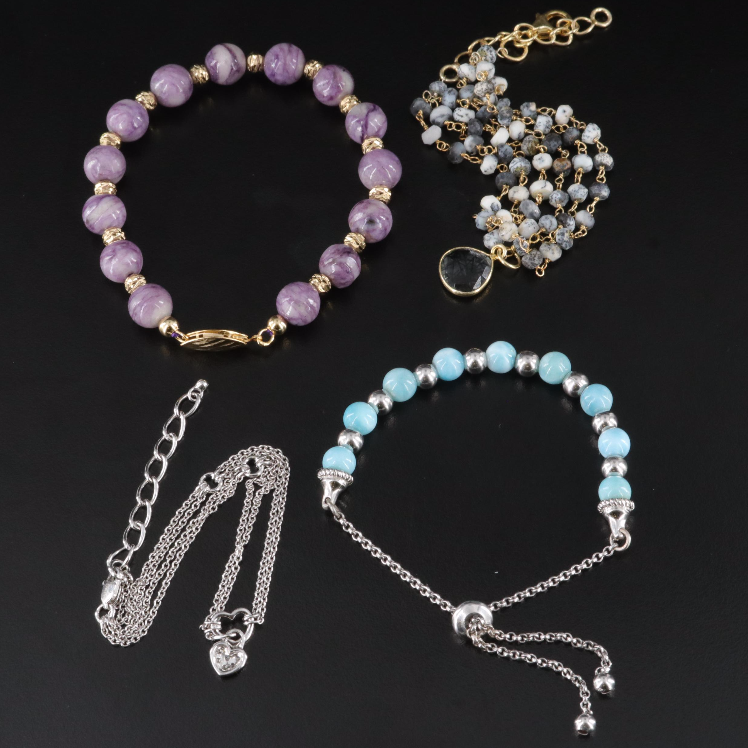 Sterling Bracelets and Heart Anklet Including Diamond, Jasper and Quartzite